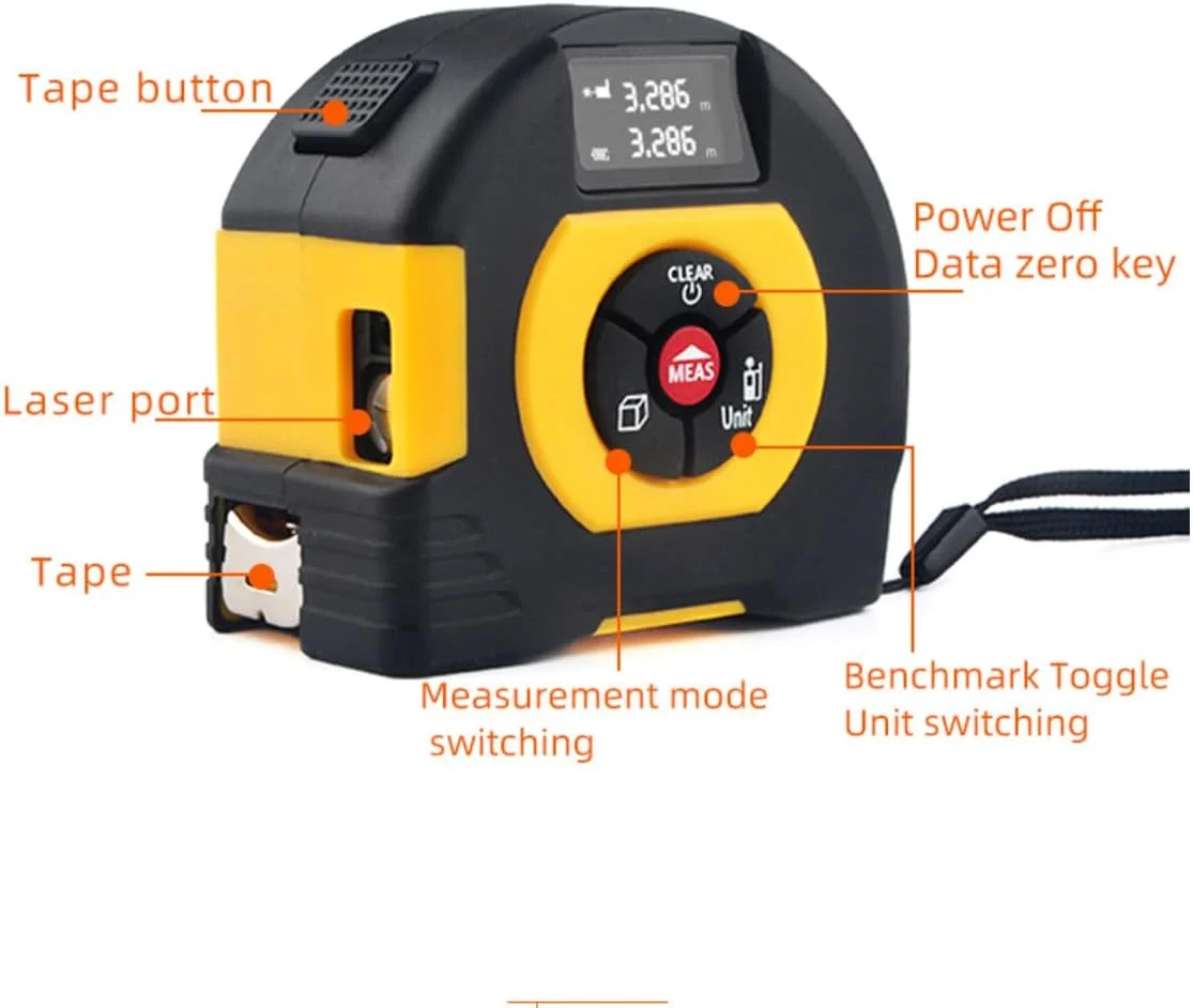 متر لیزری دیجیتال Miangerrn، برد 60 متر به همراه متر نواری 5 متری، مشکی و زرد