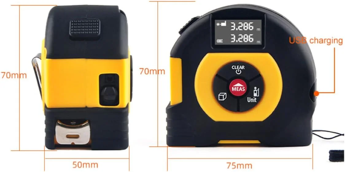 متر لیزری دیجیتال Miangerrn، برد 60 متر به همراه متر نواری 5 متری، مشکی و زرد