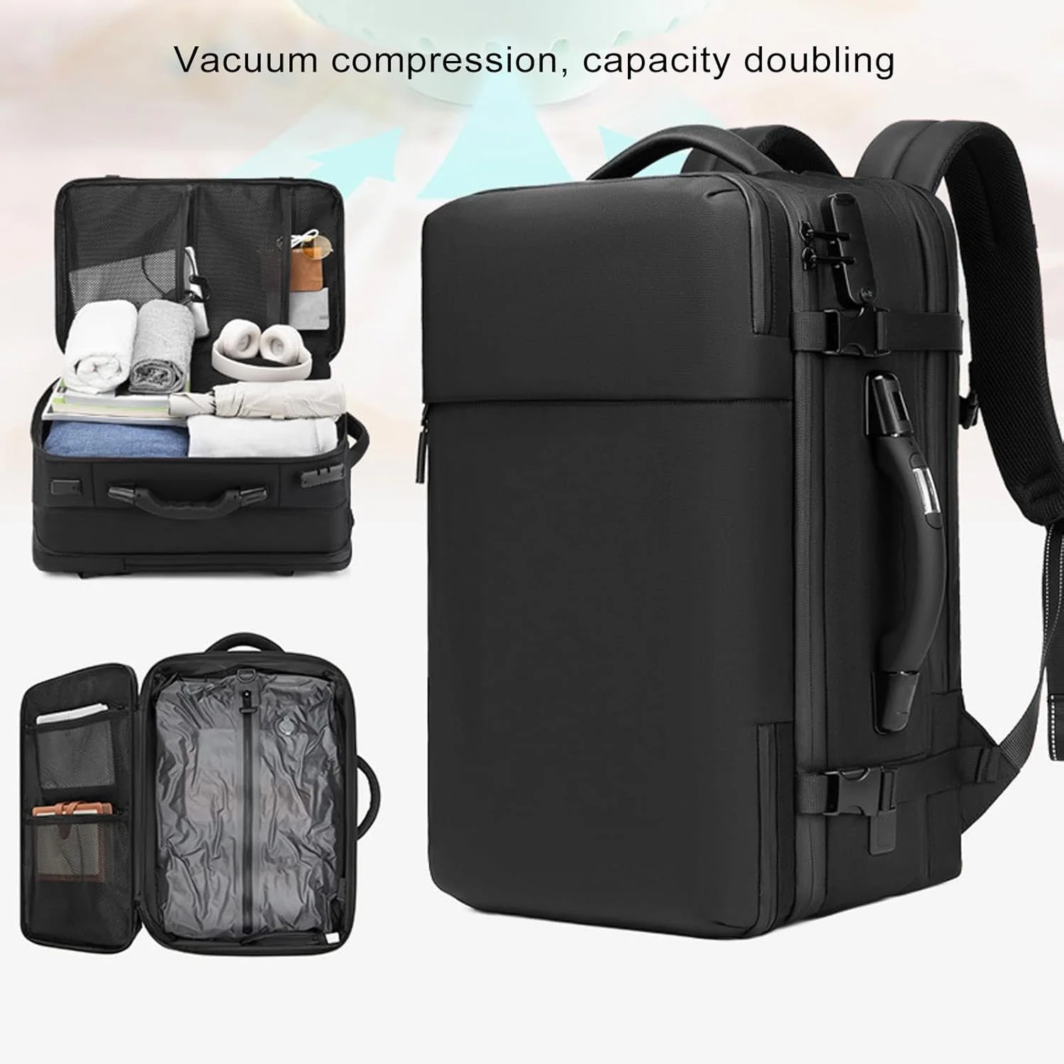کوله پشتی مسافرتی وکیوم، کوله پشتی فشرده سازی هوا 56 لیتری قابل گسترش، کوله پشتی ضد آب لپ تاپ تجاری با پورت شارژ USB برای زنان و مردان