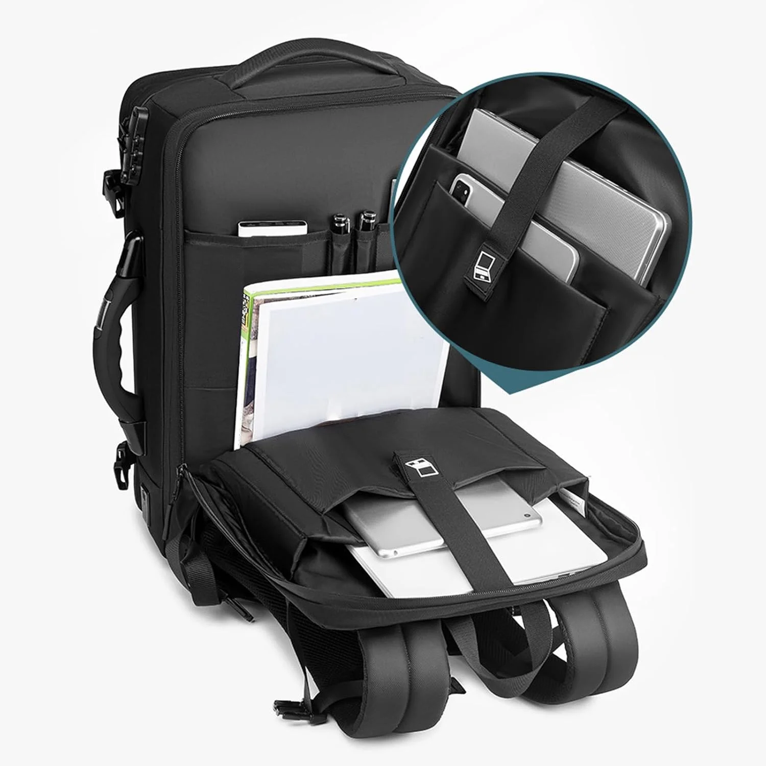 کوله پشتی مسافرتی وکیوم، کوله پشتی فشرده سازی هوا 56 لیتری قابل گسترش، کوله پشتی ضد آب لپ تاپ تجاری با پورت شارژ USB برای زنان و مردان
