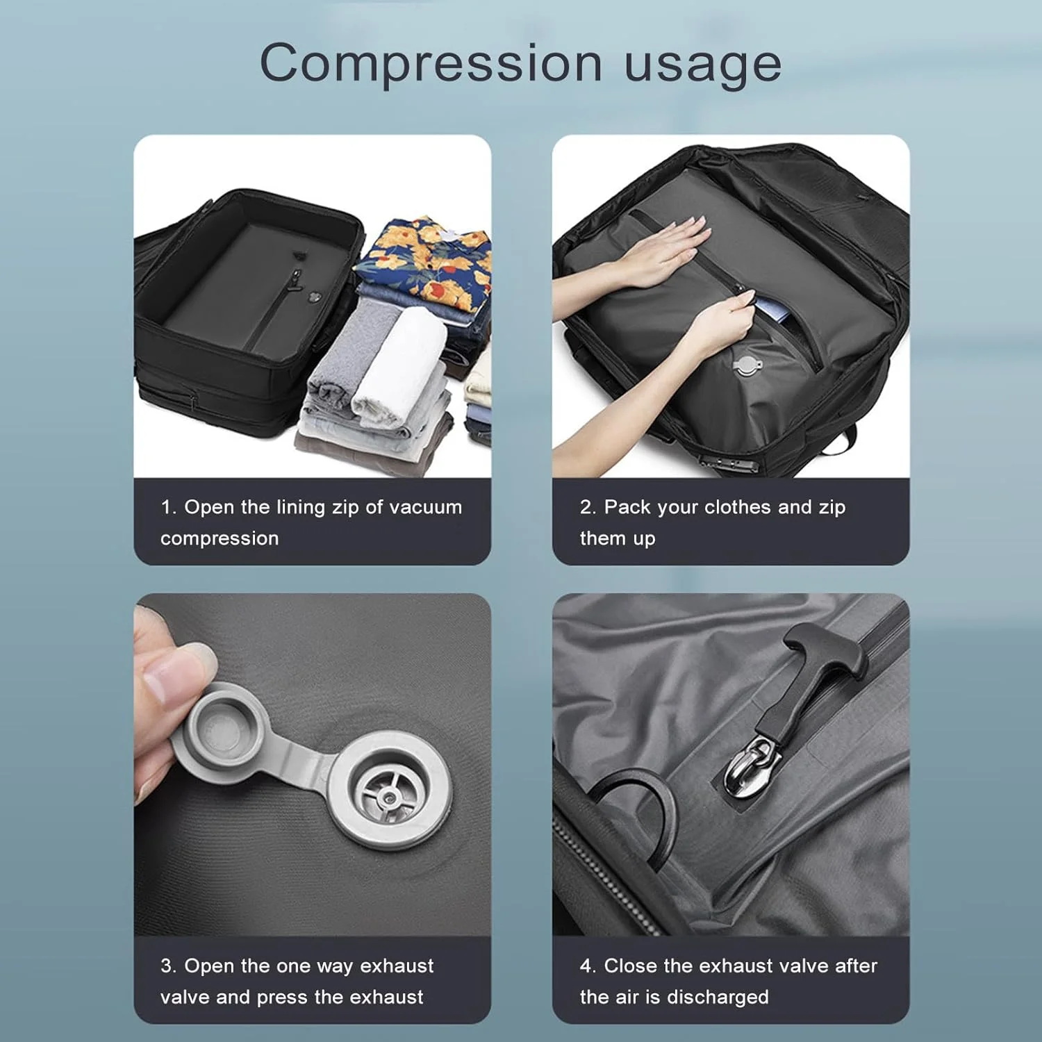 کوله پشتی مسافرتی وکیوم، کوله پشتی فشرده سازی هوا 56 لیتری قابل گسترش، کوله پشتی ضد آب لپ تاپ تجاری با پورت شارژ USB برای زنان و مردان