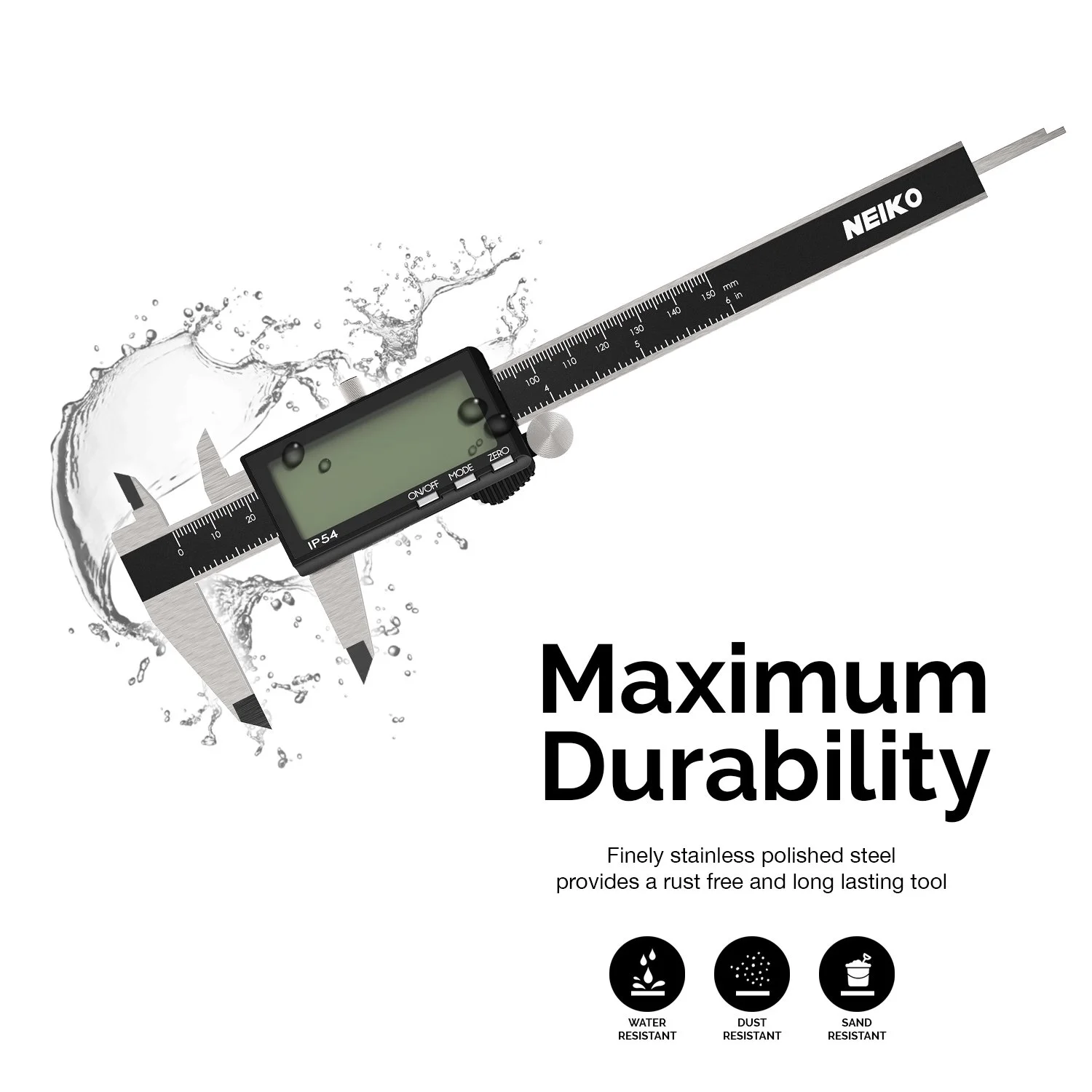 کولیس دیجیتال الکترونیکی 6 اینچی NEIKO 01401A، استیل ضد زنگ، صفحه نمایش LCD بسیار بزرگ، تبدیل واحد اندازه گیری به اینچ، میلی متر و کسری کولیس دیجیتال الکترونیکی 6 اینچی NEIKO 01401A، استیل ضد زنگ، صفحه نمایش LCD بسیار بزرگ، تبدیل واحد اندازه گیری به اینچ، میلی متر و کسری
