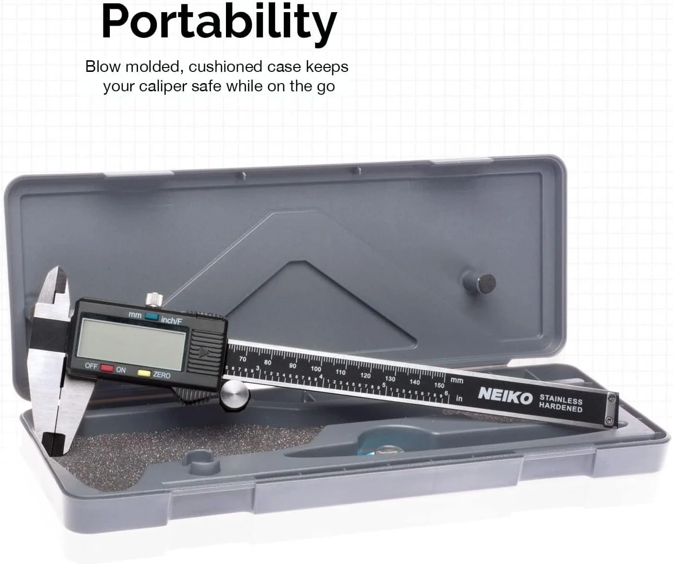 کولیس دیجیتال الکترونیکی نیکو مدل 01407A با بدنه استیل ضد زنگ و صفحه نمایش بزرگ LCD | 0-6 اینچ | تبدیل اینچ/کسری/میلی متر، نقره ای/مشکی