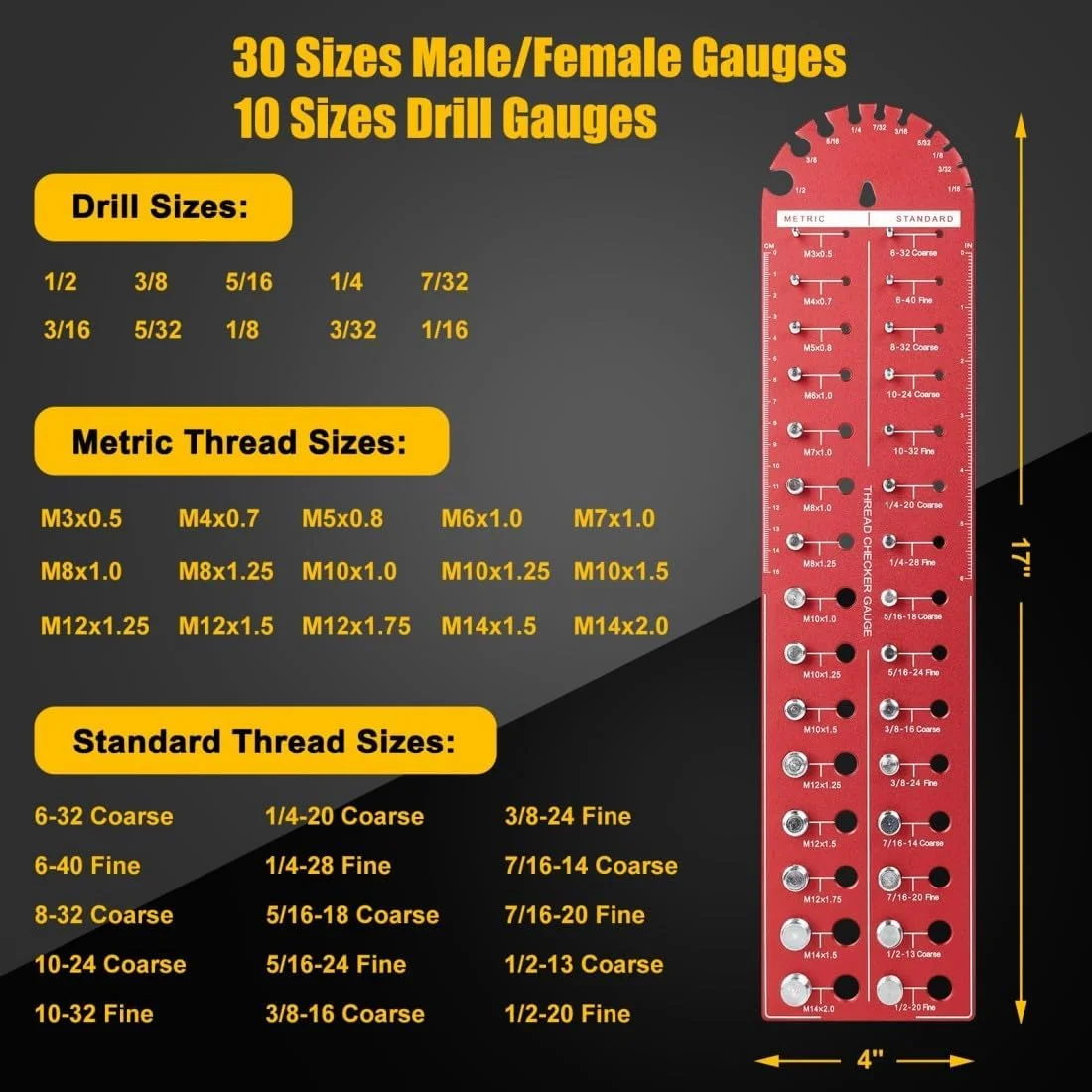 ابزار بررسی رزوه، ابزار بررسی رزوه مهره و پیچ، گیج شناسایی پیچ با 15 رزوه استاندارد، 15 رزوه متریک برای شناسایی سریع اندازه رزوه به همراه مقیاس برای شناسایی سریع اندازه رزوه