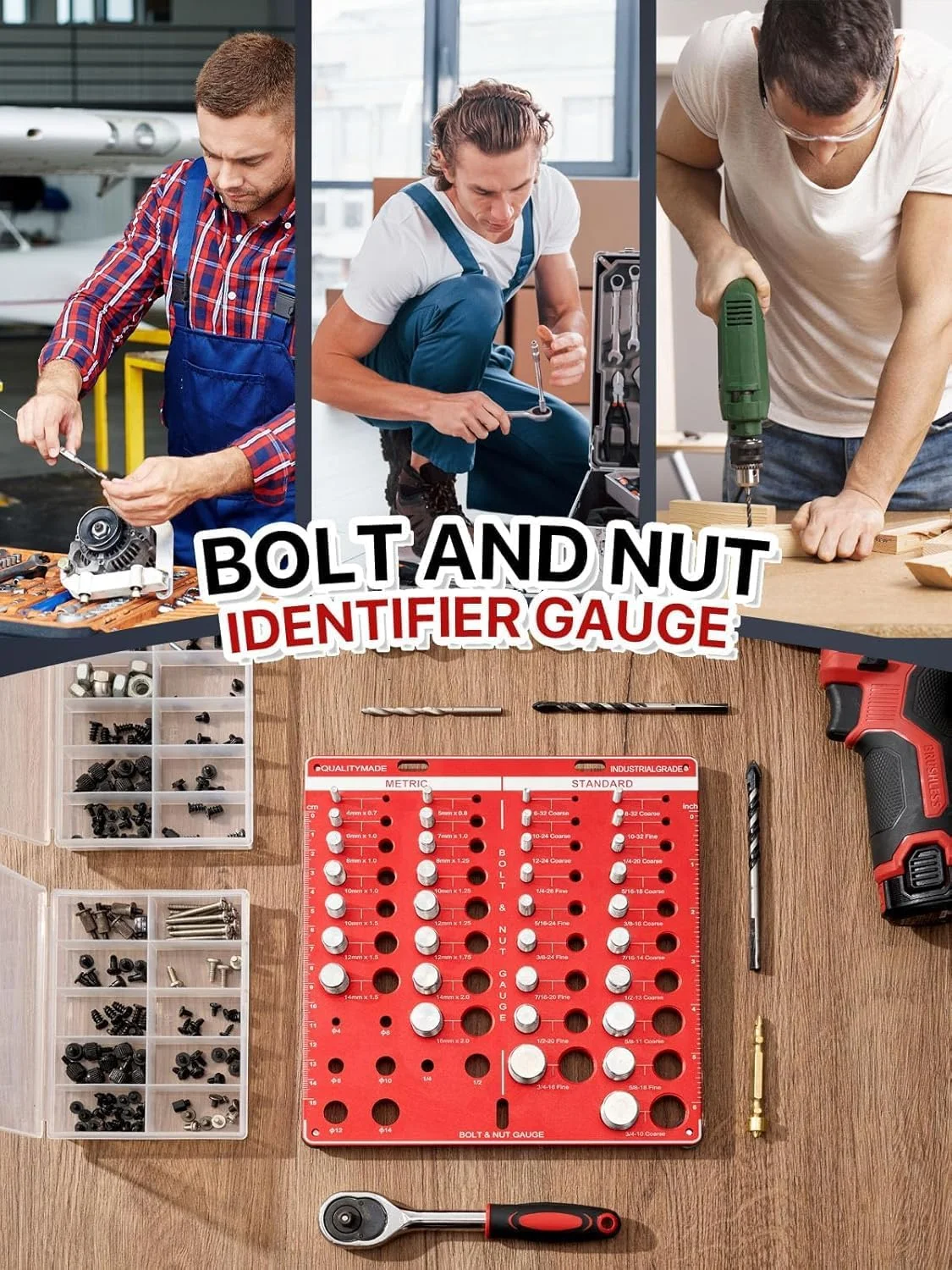 مجموعه ابزار بررسی رزوه، شناسه رزوه مهره و پیچ با 15 متریک، 19 استاندارد، 8 گیج مته، بررسی کننده گام رزوه، قابل نصب روی دیوار با خط کش اینچ و سانتی متر (42 تکه، قرمز)