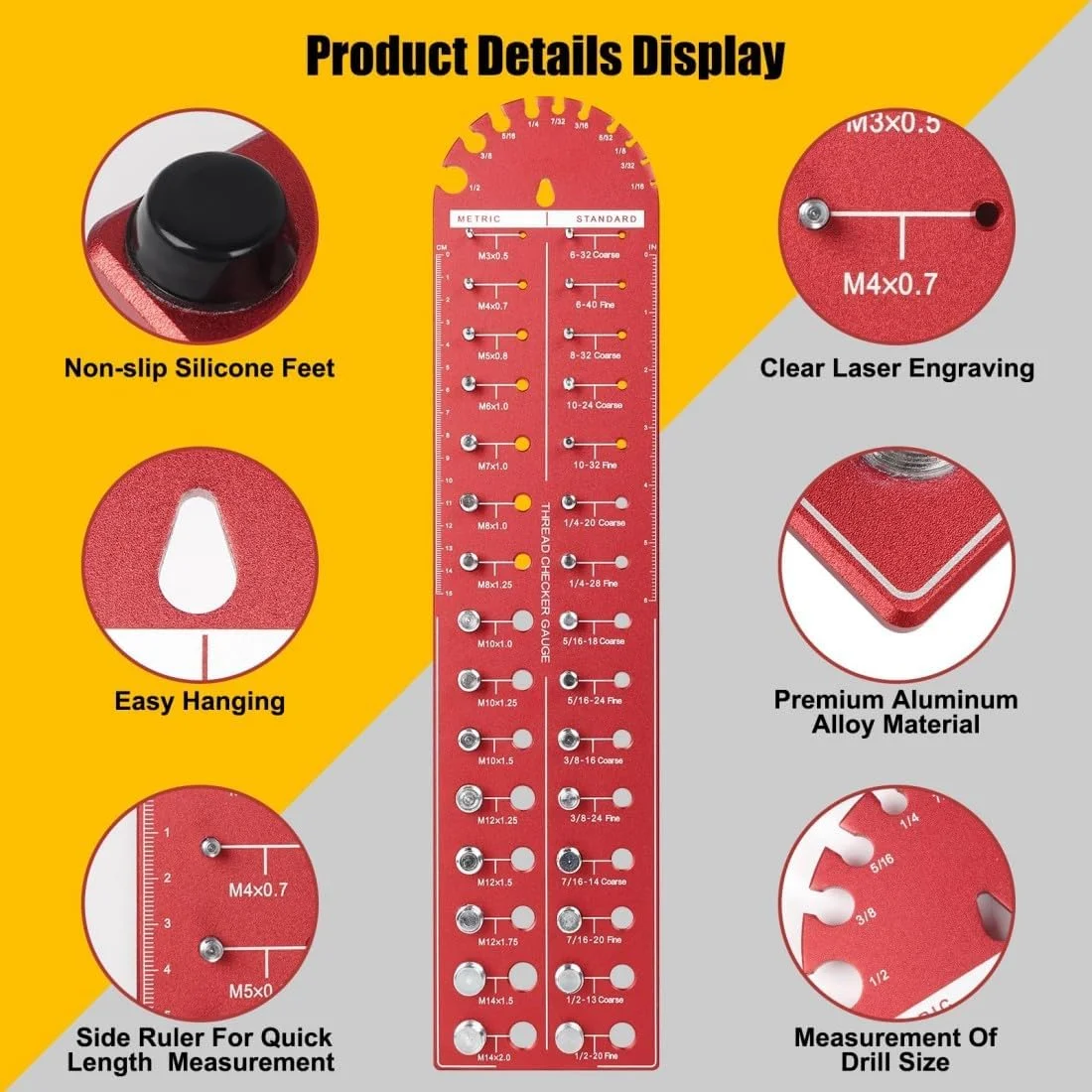 ابزار بررسی رزوه، ابزار بررسی رزوه مهره و پیچ، گیج شناسایی پیچ با 15 رزوه استاندارد، 15 رزوه متریک برای شناسایی سریع اندازه رزوه به همراه مقیاس برای شناسایی سریع اندازه رزوه