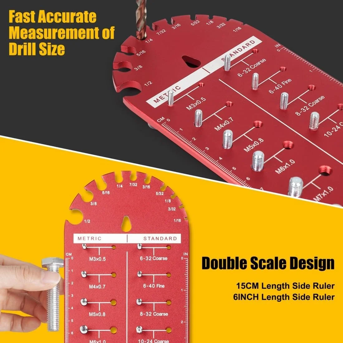 ابزار بررسی رزوه، ابزار بررسی رزوه مهره و پیچ، گیج شناسایی پیچ با 15 رزوه استاندارد، 15 رزوه متریک برای شناسایی سریع اندازه رزوه به همراه مقیاس برای شناسایی سریع اندازه رزوه