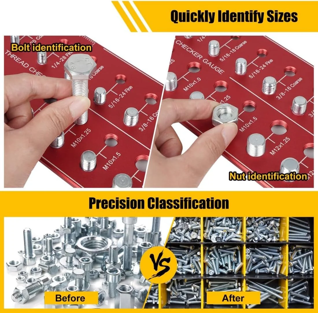 ابزار بررسی رزوه، ابزار بررسی رزوه مهره و پیچ، گیج شناسایی پیچ با 15 رزوه استاندارد، 15 رزوه متریک برای شناسایی سریع اندازه رزوه به همراه مقیاس برای شناسایی سریع اندازه رزوه