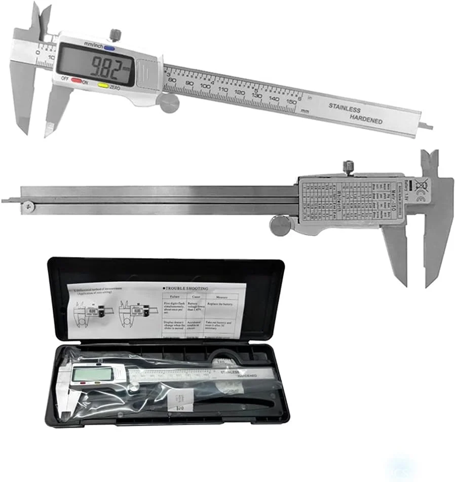 چابیا کولیس ورنیه دیجیتال 6 اینچی، بدنه استیل ضد زنگ، ابزار اندازه گیری با صفحه نمایش LCD، 150 میلی متر، همراه با جعبه