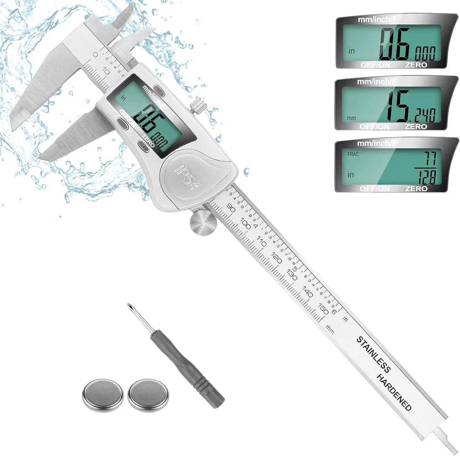 کولیس دیجیتال Excefore، ابزار اندازه گیری 6 اینچی با فولاد ضد زنگ، طراحی محافظت شده در برابر پاشش آب IP54، تغییر آسان از اینچ به میلی متر، صفحه نمایش بزرگ