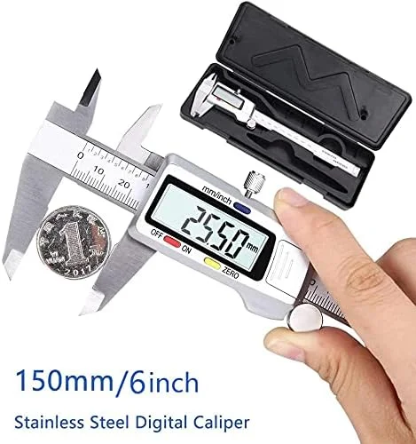 چابیا کولیس ورنیه دیجیتال 6 اینچی، بدنه استیل ضد زنگ، ابزار اندازه گیری با صفحه نمایش LCD، 150 میلی متر، همراه با جعبه چابیا کولیس ورنیه دیجیتال 6 اینچی، بدنه استیل ضد زنگ، ابزار اندازه گیری با صفحه نمایش LCD، 150 میلی متر، همراه با جعبه