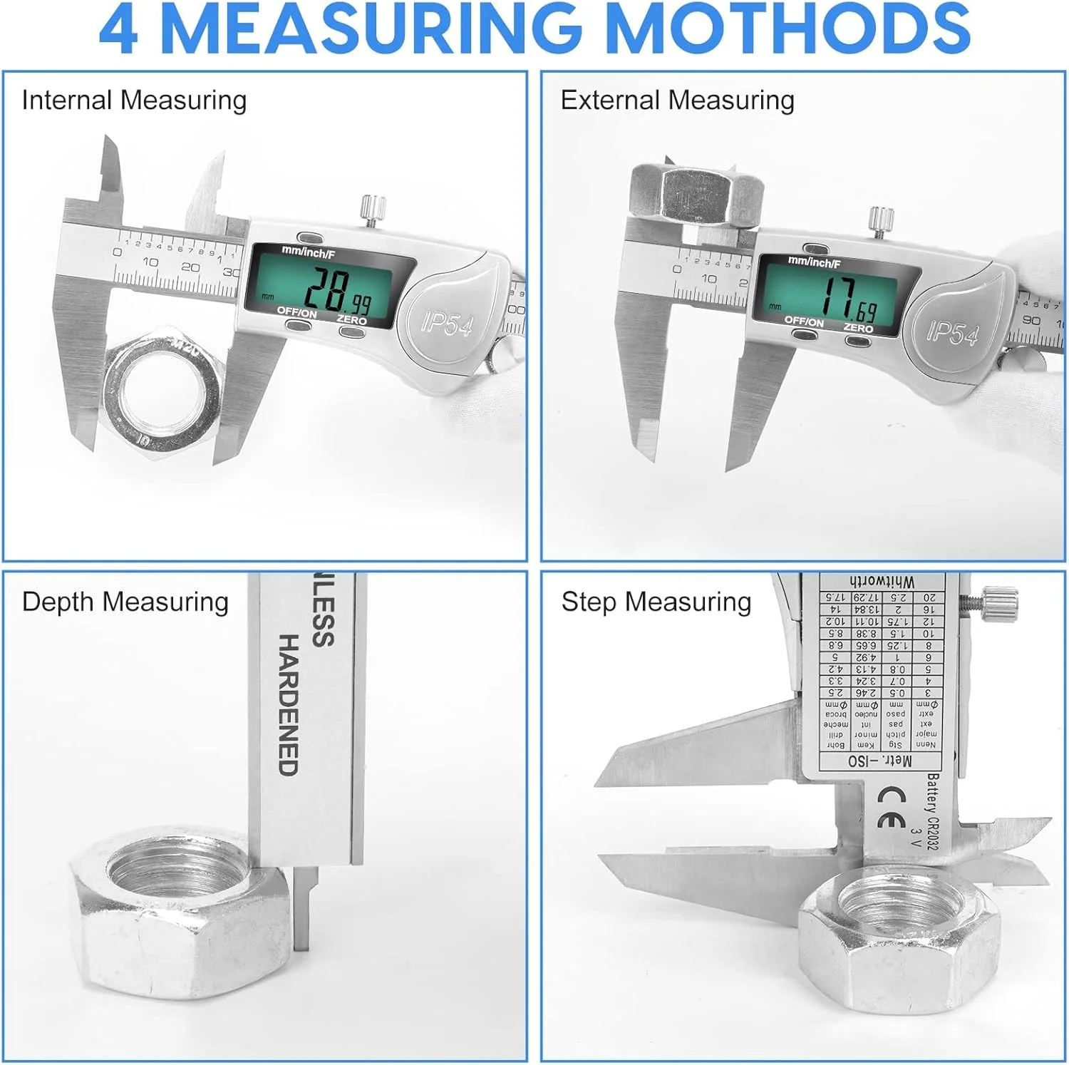 کولیس دیجیتال Excefore، ابزار اندازه گیری 6 اینچی با فولاد ضد زنگ، طراحی محافظت شده در برابر پاشش آب IP54، تغییر آسان از اینچ به میلی متر، صفحه نمایش بزرگ