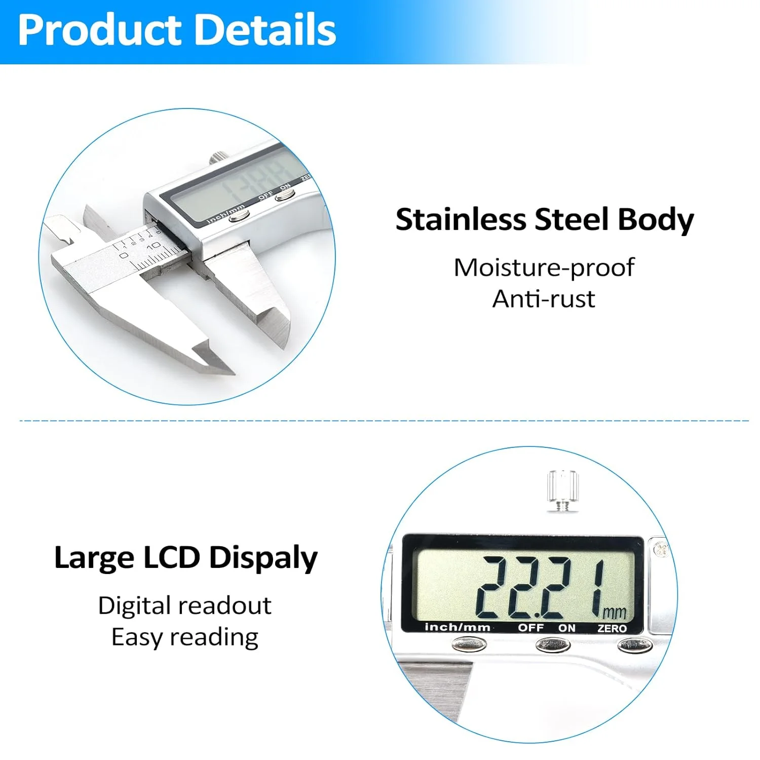 کولیس دیجیتال ورنیه 8 اینچ 200 میلی متر ابزار اندازه گیری میکرومتر الکترونیکی استیل ضد زنگ با صفحه نمایش LCD بزرگ و آسان