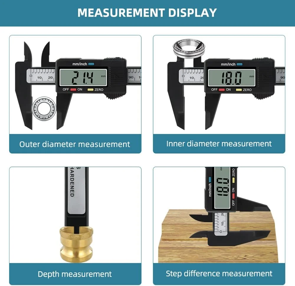 کولیس ورنیه دیجیتال الکترونیکی Eacam با ابعاد 0-6 اینچ/ 150 میلی متر، ساخته شده از پلاستیک تقویت شده با فیبر کربن، کولیس کشویی با دقت بالا، نمایشگر LCD، ابزار اندازه گیری (اینچ/متریک)