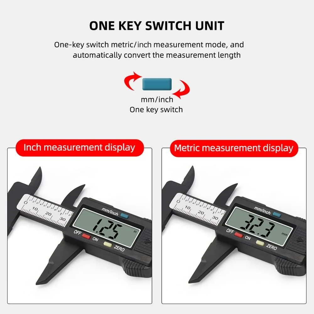 کولیس ورنیه دیجیتال الکترونیکی Eacam با ابعاد 0-6 اینچ/ 150 میلی متر، ساخته شده از پلاستیک تقویت شده با فیبر کربن، کولیس کشویی با دقت بالا، نمایشگر LCD، ابزار اندازه گیری (اینچ/متریک)
