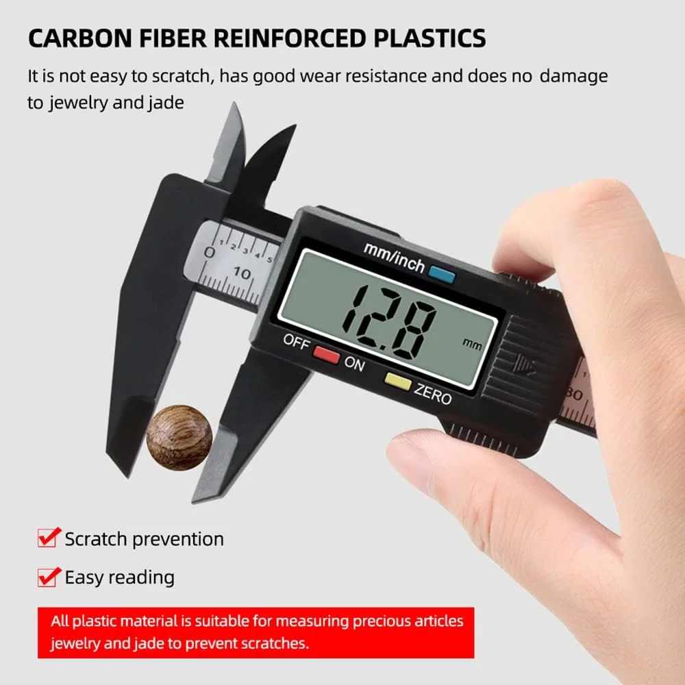 کولیس ورنیه دیجیتال الکترونیکی Eacam با ابعاد 0-6 اینچ/ 150 میلی متر، ساخته شده از پلاستیک تقویت شده با فیبر کربن، کولیس کشویی با دقت بالا، نمایشگر LCD، ابزار اندازه گیری (اینچ/متریک)
