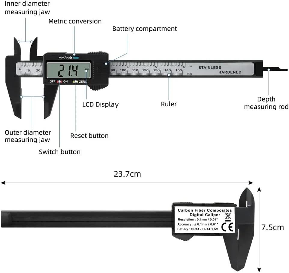 کولیس ورنیه دیجیتال الکترونیکی Eacam با ابعاد 0-6 اینچ/ 150 میلی متر، ساخته شده از پلاستیک تقویت شده با فیبر کربن، کولیس کشویی با دقت بالا، نمایشگر LCD، ابزار اندازه گیری (اینچ/متریک)