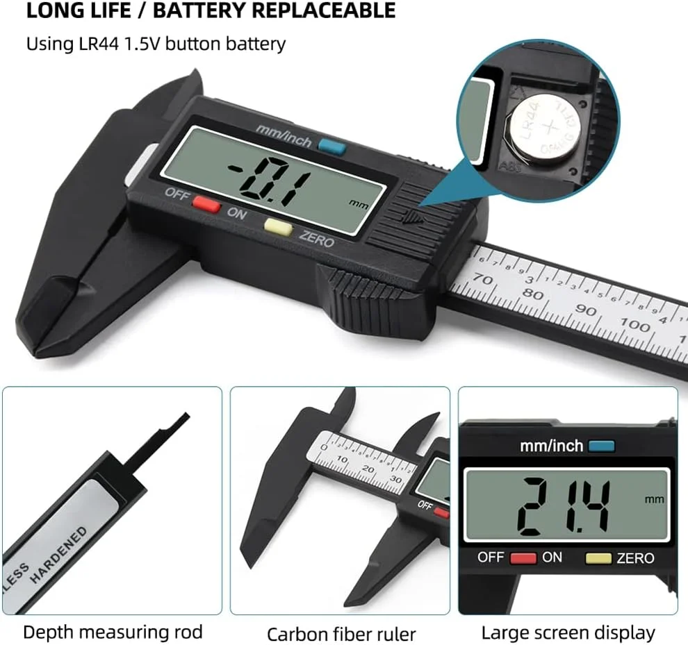 کولیس ورنیه دیجیتال الکترونیکی Eacam با ابعاد 0-6 اینچ/ 150 میلی متر، ساخته شده از پلاستیک تقویت شده با فیبر کربن، کولیس کشویی با دقت بالا، نمایشگر LCD، ابزار اندازه گیری (اینچ/متریک)