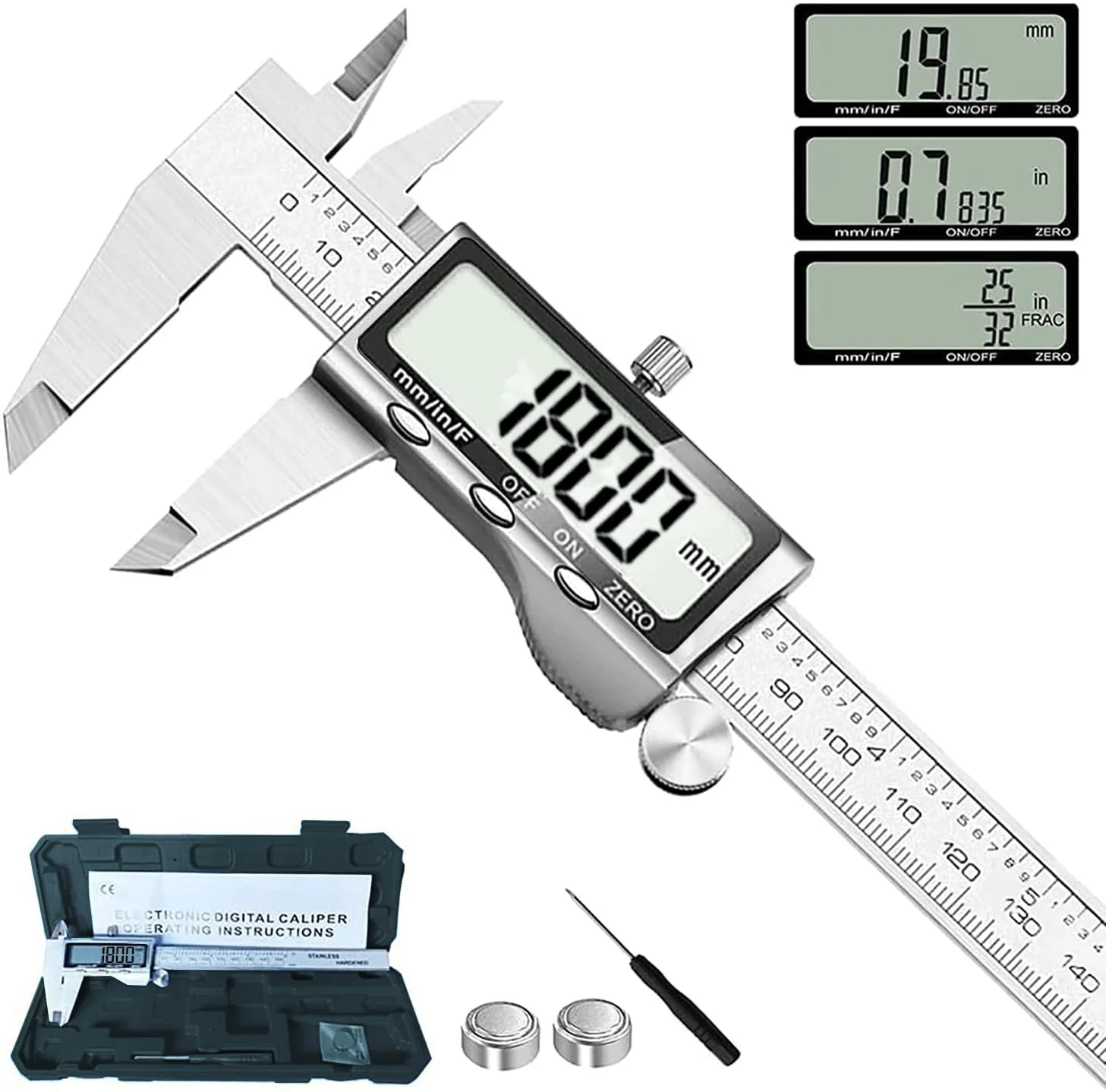 ابزار اندازه گیری کولیس دیجیتال، کولیس ورنیه میکرومتر دیجیتال 6 اینچی، خط کش دیجیتال با صفحه نمایش ال سی دی بزرگ، تغییر آسان از اینچ به متریک و کسری
