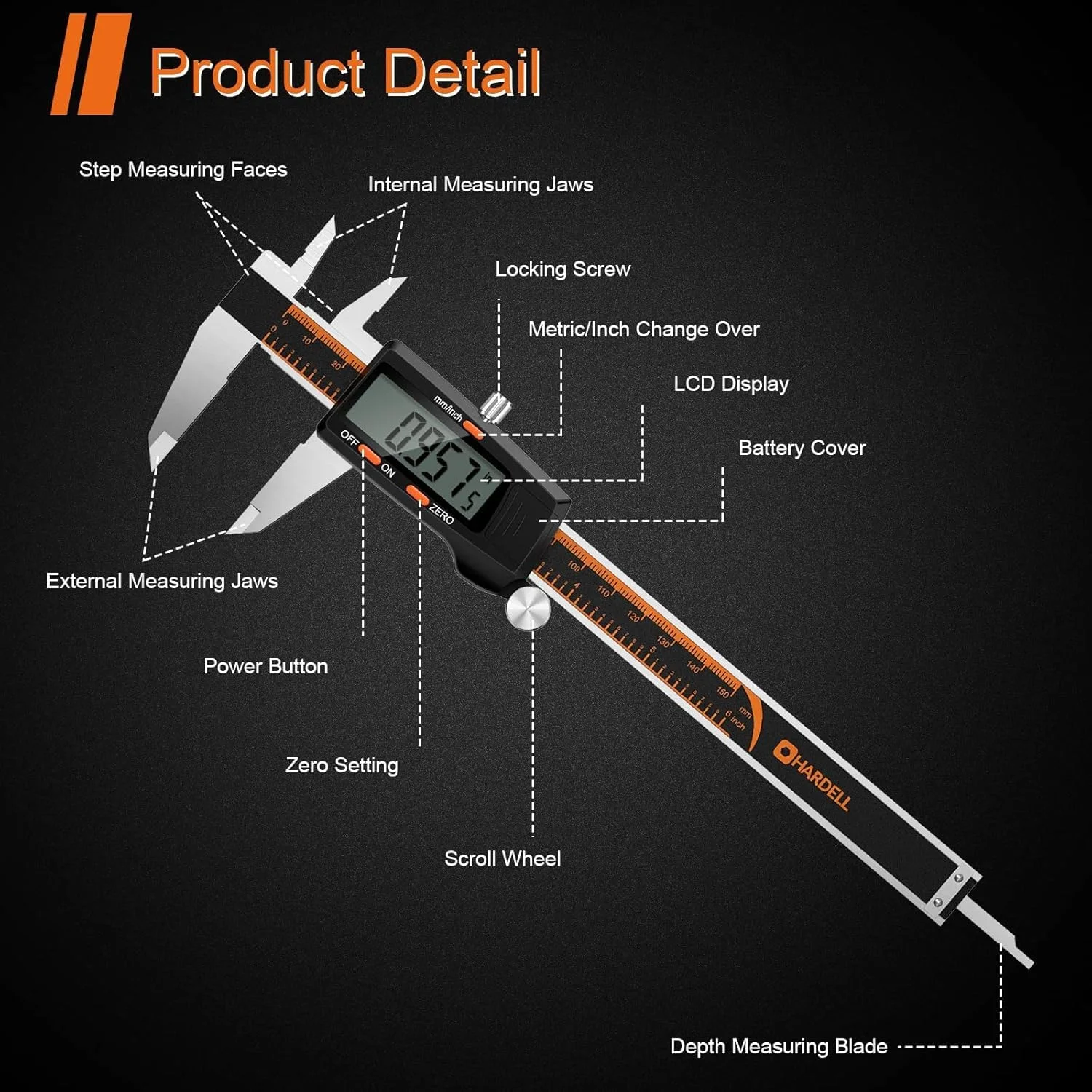کولیس دیجیتال HARDELL، ابزار اندازه گیری کولیس استیل ضد زنگ 6 اینچی با صفحه نمایش LCD بزرگ، میکرومتر کولیس ورنیه الکترونیکی با خط کش، ویژگی خاموش شدن خودکار، تبدیل اینچ/میلیمتر، نارنجی