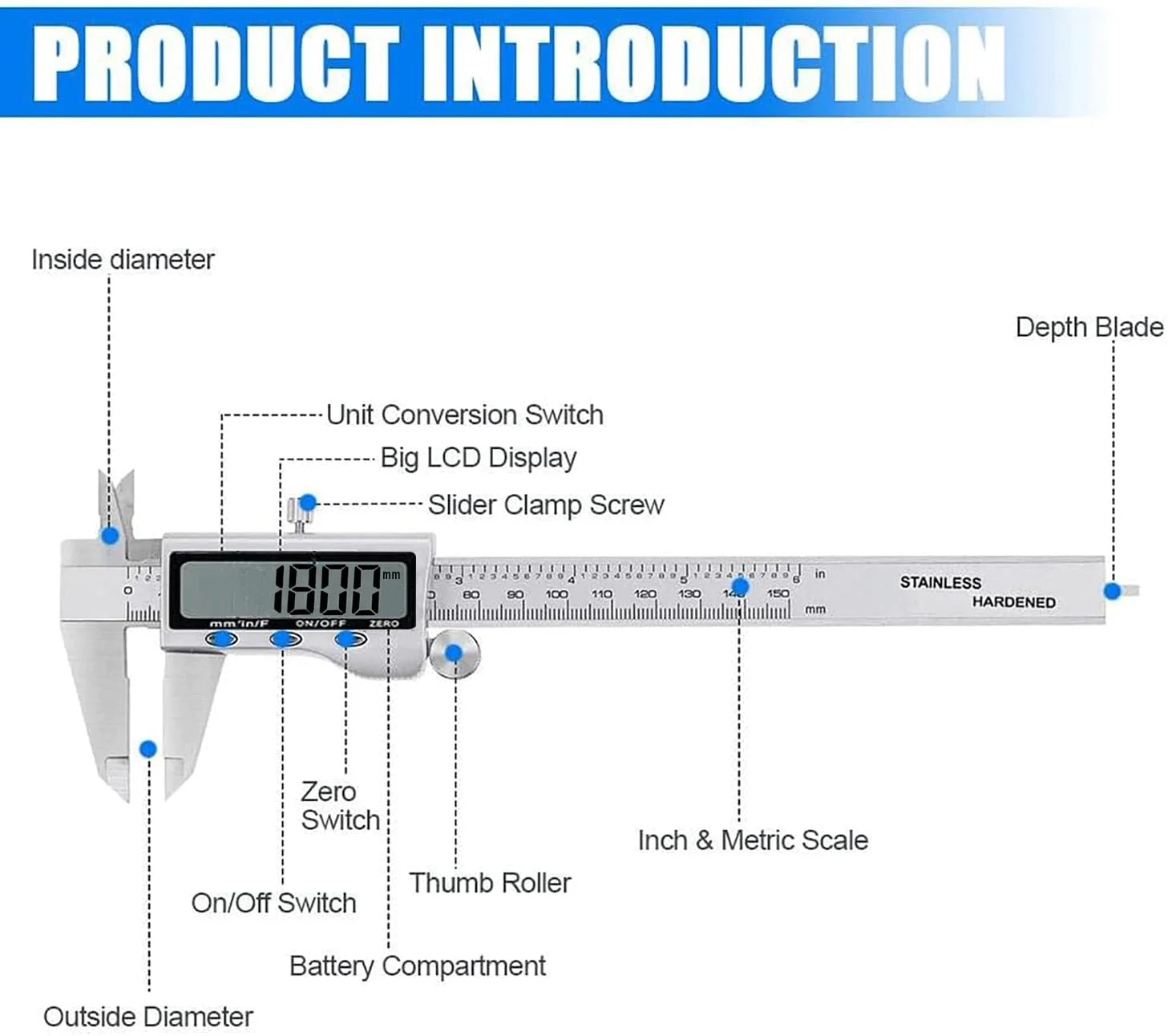 ابزار اندازه گیری کولیس دیجیتال، کولیس ورنیه میکرومتر دیجیتال 6 اینچی، خط کش دیجیتال با صفحه نمایش ال سی دی بزرگ، تغییر آسان از اینچ به متریک و کسری ابزار اندازه گیری کولیس دیجیتال، کولیس ورنیه میکرومتر دیجیتال 6 اینچی، خط کش دیجیتال با صفحه نمایش ال سی دی بزرگ، تغییر آسان از اینچ به متریک و کسری