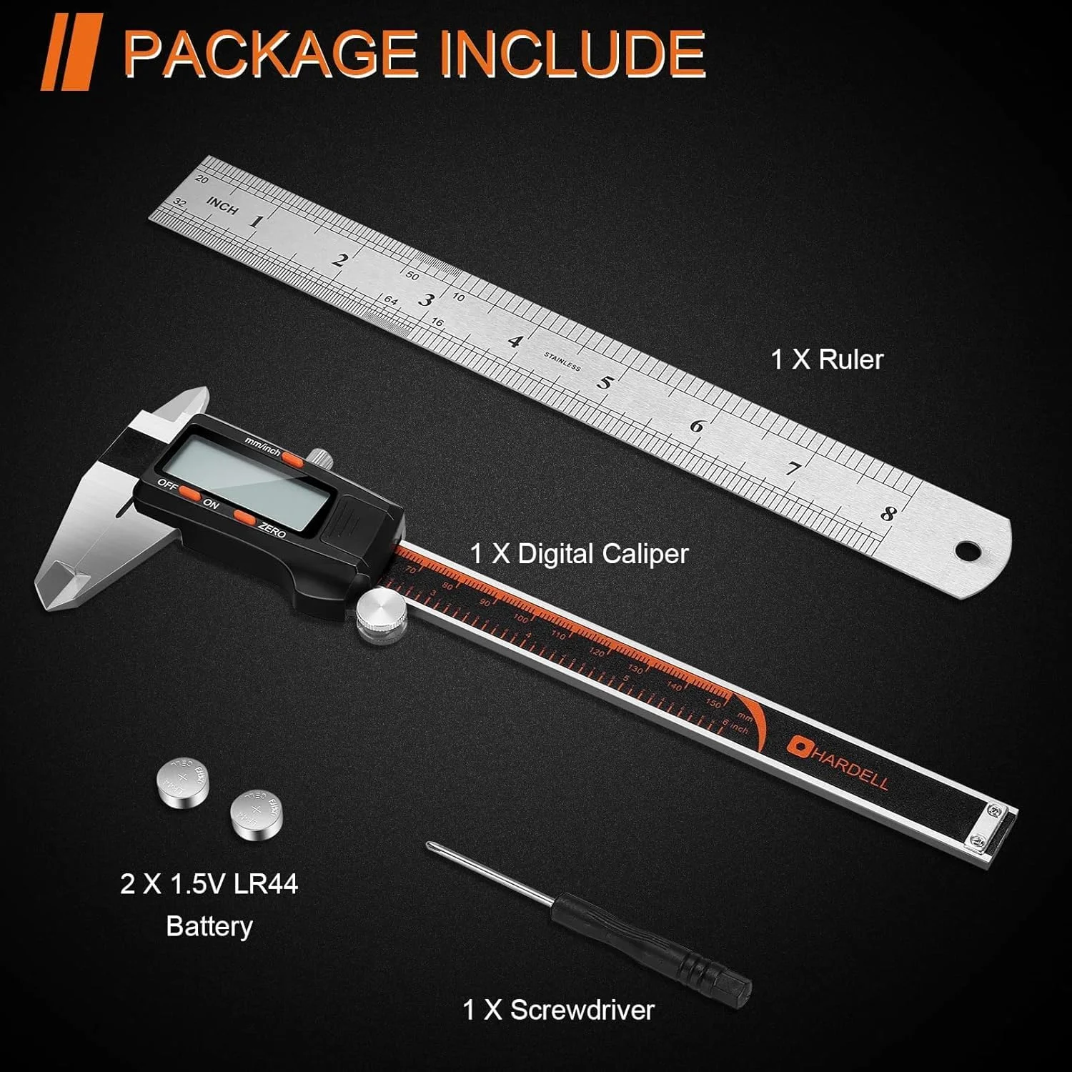 کولیس دیجیتال HARDELL، ابزار اندازه گیری کولیس استیل ضد زنگ 6 اینچی با صفحه نمایش LCD بزرگ، میکرومتر کولیس ورنیه الکترونیکی با خط کش، ویژگی خاموش شدن خودکار، تبدیل اینچ/میلیمتر، نارنجی