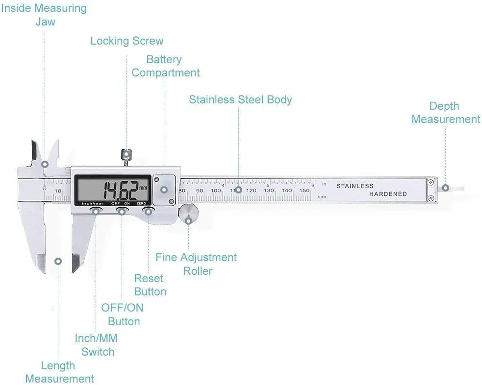 ابزار اندازه گیری کولیس دیجیتال TDOO با فولاد ضد زنگ، کولیس میکرومتر الکترونیکی با صفحه نمایش LCD بزرگ، خاموش شدن خودکار، تبدیل اینچ و میلی متر (150 میلی متر/6 اینچ) (فولاد ضد زنگ -A) ابزار اندازه گیری کولیس دیجیتال TDOO با فولاد ضد زنگ، کولیس میکرومتر الکترونیکی با صفحه نمایش LCD بزرگ، خاموش شدن خودکار، تبدیل اینچ و میلی متر (150 میلی متر/6 اینچ) (فولاد ضد زنگ -A)