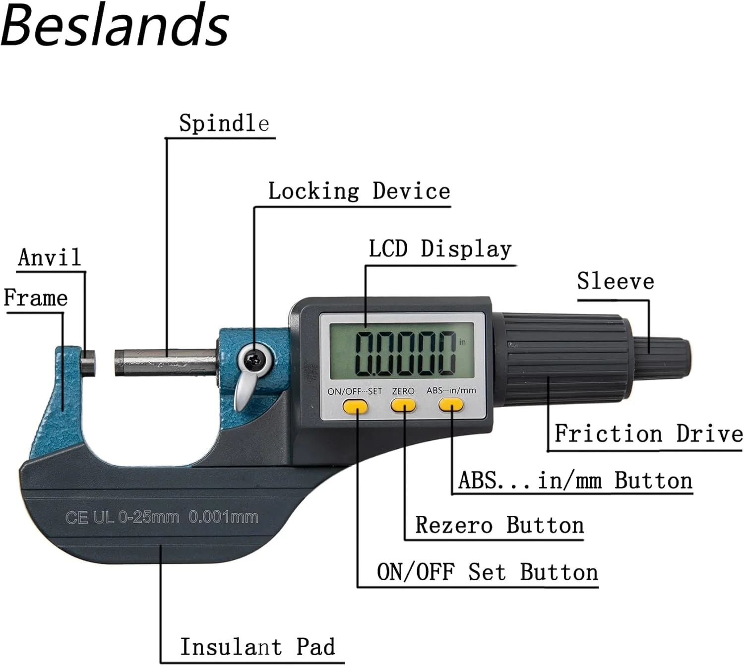 میکرومتر دیجیتال الکترونیکی Beslands با نمایشگر 0-1 اینچ / 0-25 میلی متر، دقت 0.00004 اینچ / 0.001 میلی متر، ابزار اندازه گیری ضخامت، کولیس اینچی/متریک، به همراه کیف محافظ (و باتری اضافی) میکرومتر دیجیتال الکترونیکی Beslands با نمایشگر 0-1 اینچ / 0-25 میلی متر، دقت 0.00004 اینچ / 0.001 میلی متر، ابزار اندازه گیری ضخامت، کولیس اینچی/متریک، به همراه کیف محافظ (و باتری اضافی)