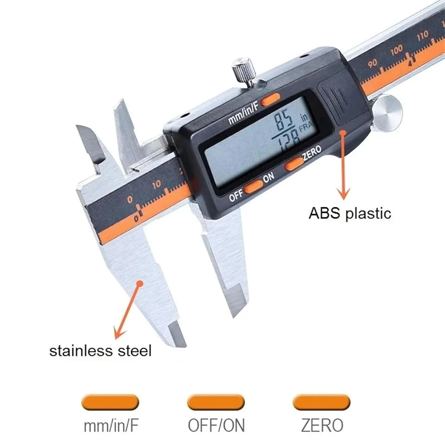 کولیس دیجیتال الکترونیکی استیل MOTIM، 0-150 میلی متر، کولیس ورنیه دیجیتال LCD، تبدیل اینچ/کسری/میلی متر، ابزارهای اندازه گیری قطر داخلی و خارجی، تستر عمق الکترونیکی
