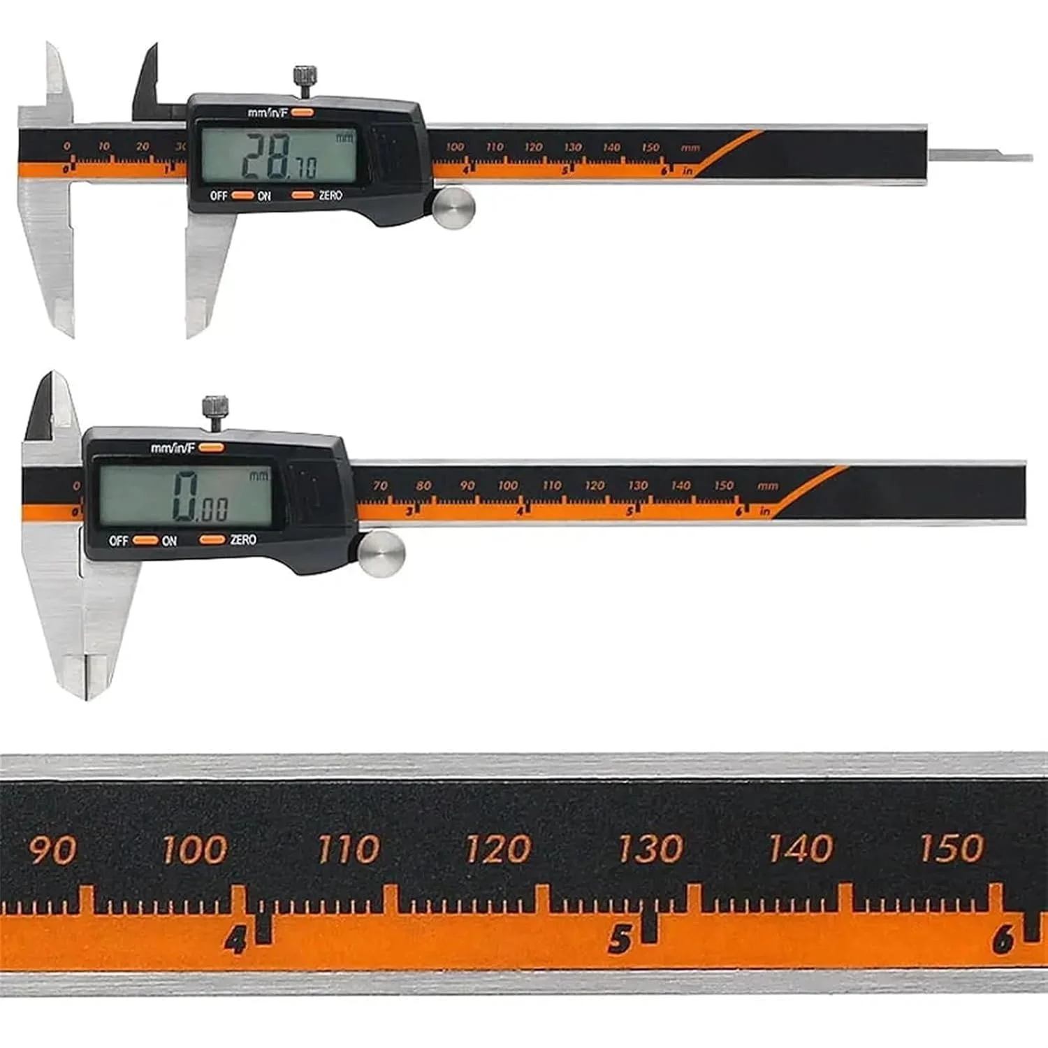 کولیس دیجیتال الکترونیکی استیل MOTIM، 0-150 میلی متر، کولیس ورنیه دیجیتال LCD، تبدیل اینچ/کسری/میلی متر، ابزارهای اندازه گیری قطر داخلی و خارجی، تستر عمق الکترونیکی