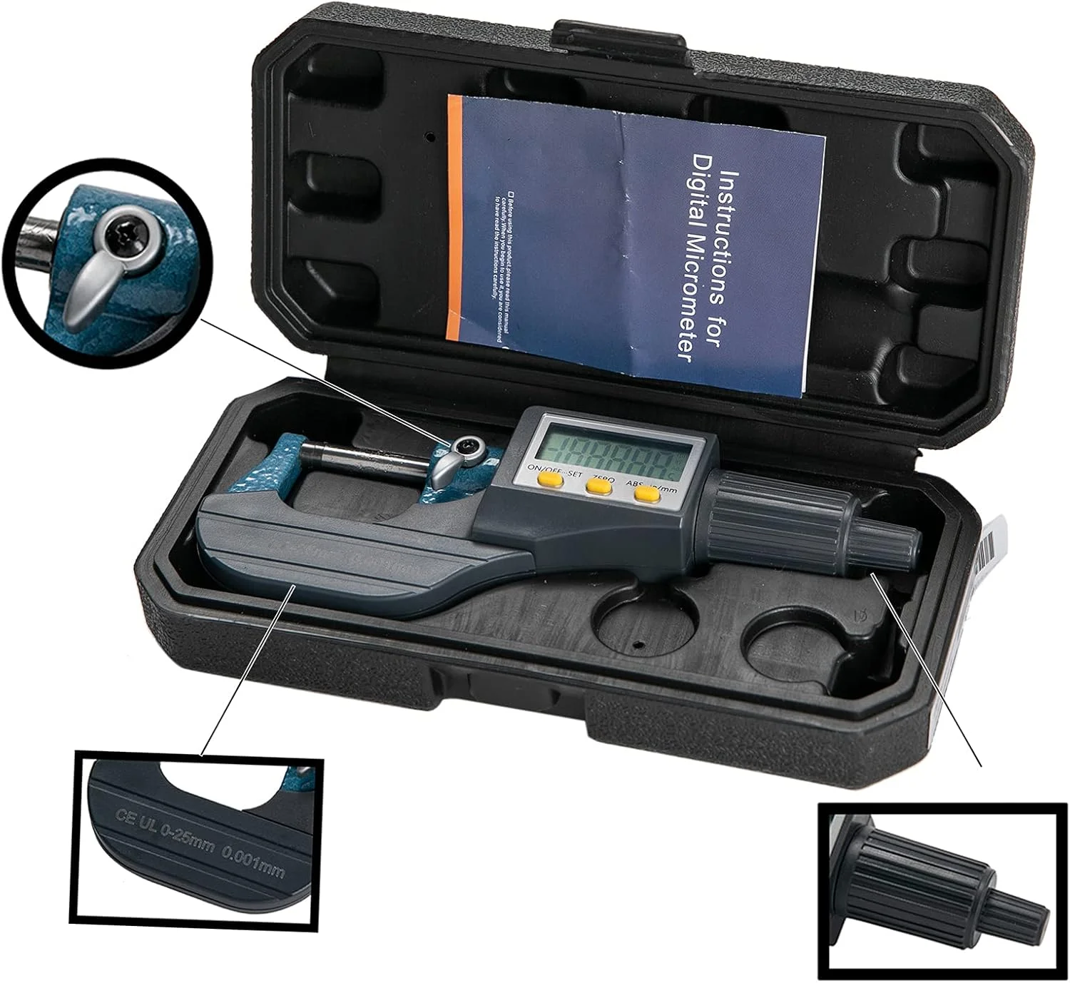 میکرومتر دیجیتال الکترونیکی Beslands با نمایشگر 0-1 اینچ / 0-25 میلی متر، دقت 0.00004 اینچ / 0.001 میلی متر، ابزار اندازه گیری ضخامت، کولیس اینچی/متریک، به همراه کیف محافظ (و باتری اضافی) میکرومتر دیجیتال الکترونیکی Beslands با نمایشگر 0-1 اینچ / 0-25 میلی متر، دقت 0.00004 اینچ / 0.001 میلی متر، ابزار اندازه گیری ضخامت، کولیس اینچی/متریک، به همراه کیف محافظ (و باتری اضافی)