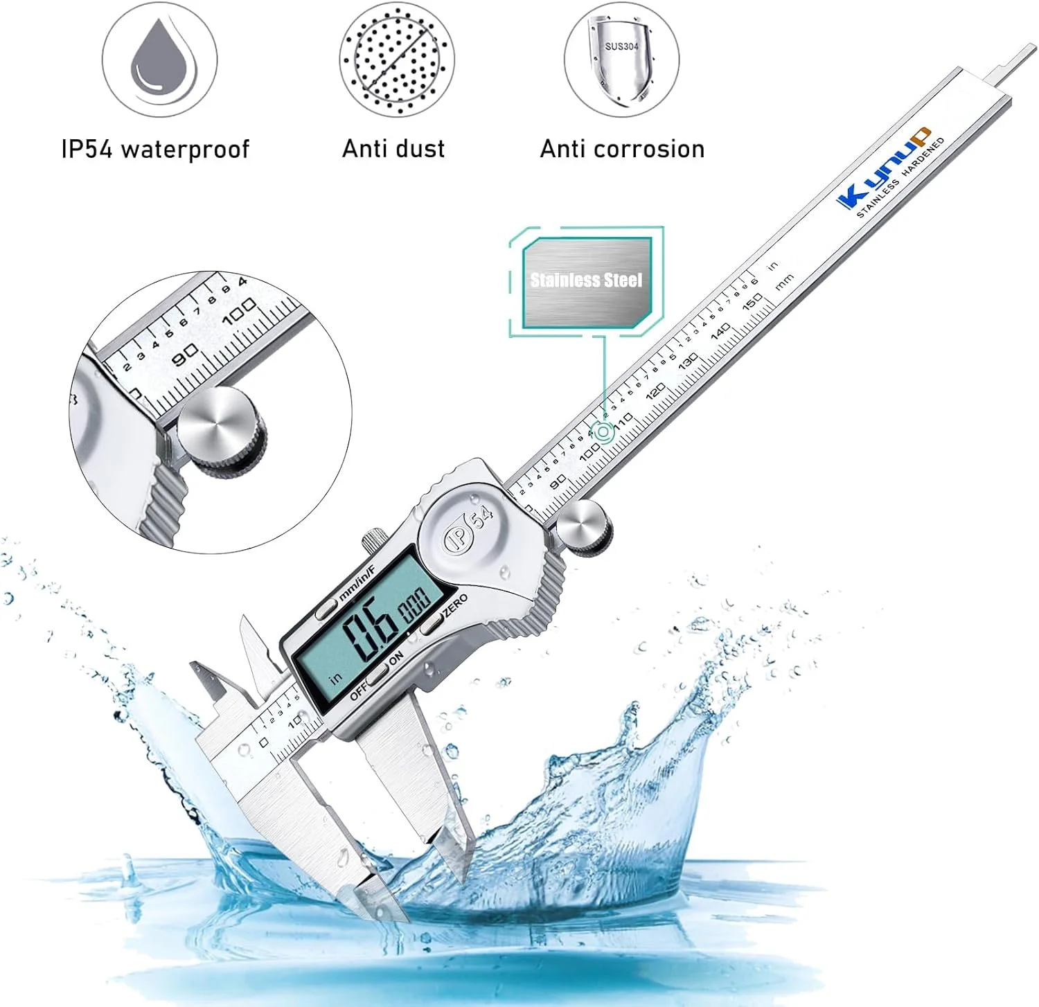 کولیس دیجیتال Kynup، ابزار اندازه گیری 6 اینچی با فولاد ضد زنگ، طراحی محافظت در برابر پاشش آب IP54، تغییر آسان از اینچ به متریک و کسری، صفحه نمایش LCD بزرگ (150 میلی متر) کولیس دیجیتال Kynup، ابزار اندازه گیری 6 اینچی با فولاد ضد زنگ، طراحی محافظت در برابر پاشش آب IP54، تغییر آسان از اینچ به متریک و کسری، صفحه نمایش LCD بزرگ (150 میلی متر)