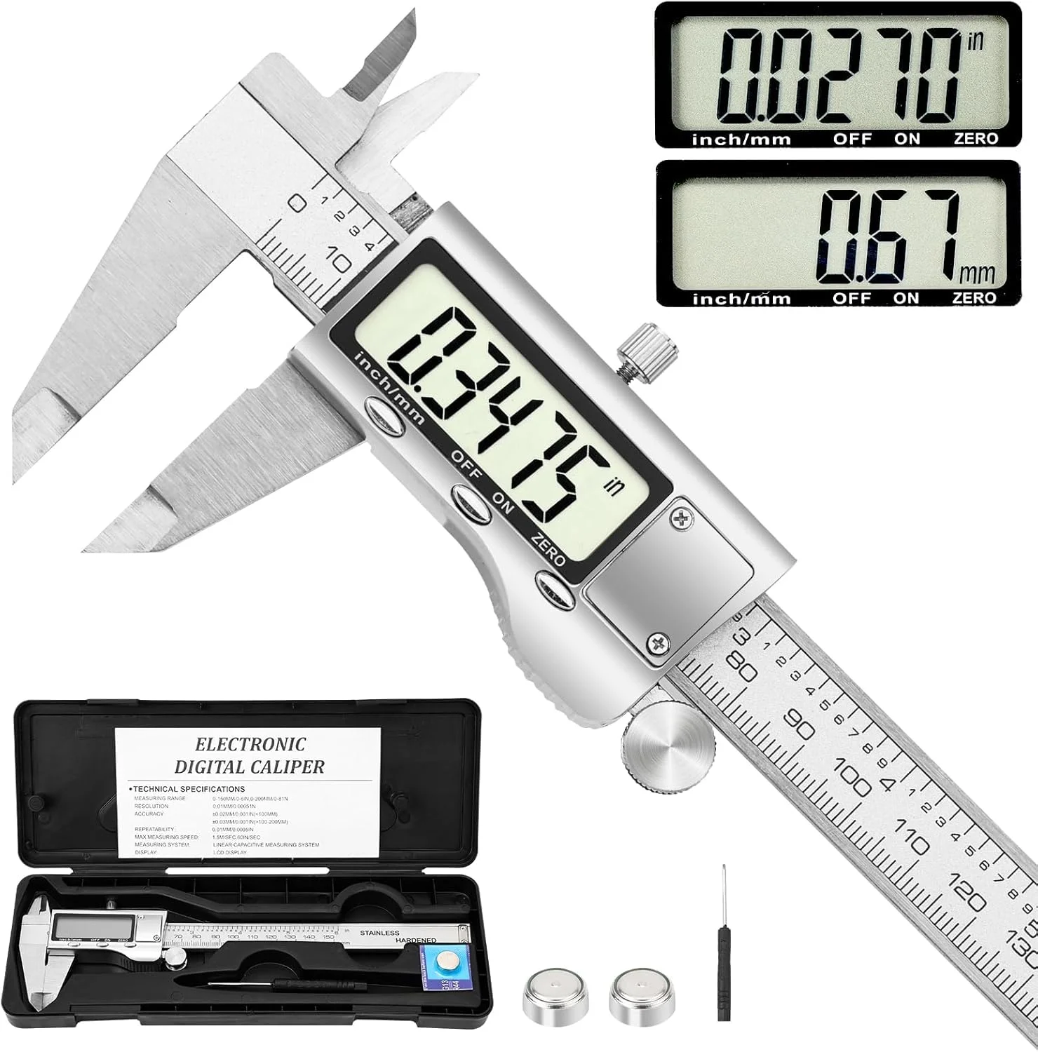 ابزار اندازه گیری کولیس دیجیتال KASTWAVE، کولیس ورنیه استیل ضد زنگ 6 اینچی، میکرومتر دیجیتال با صفحه نمایش LCD بزرگ، خاموش شدن خودکار، تغییر آسان از اینچ به میلی متر ابزار اندازه گیری کولیس دیجیتال KASTWAVE، کولیس ورنیه استیل ضد زنگ 6 اینچی، میکرومتر دیجیتال با صفحه نمایش LCD بزرگ، خاموش شدن خودکار، تغییر آسان از اینچ به میلی متر