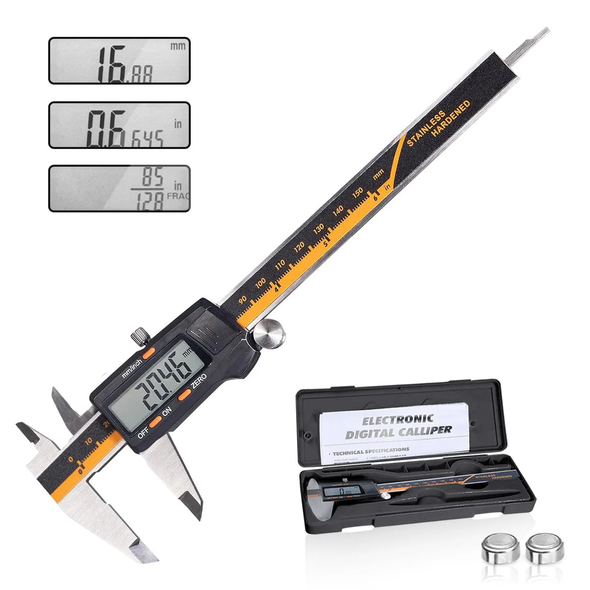 ابزار اندازه گیری کولیس دیجیتال، کولیس ورنیه استیل ضد زنگ، کولیس میکرومتر الکترونیکی با صفحه نمایش LCD بزرگ، تبدیل اینچ/کسری/میلی متر، خط کش کولیس کشویی 6 اینچ/150 میلی متر برای جواهرات و مصارف خانگی ابزار اندازه گیری کولیس دیجیتال، کولیس ورنیه استیل ضد زنگ، کولیس میکرومتر الکترونیکی با صفحه نمایش LCD بزرگ، تبدیل اینچ/کسری/میلی متر، خط کش کولیس کشویی 6 اینچ/150 میلی متر برای جواهرات و مصارف خانگی