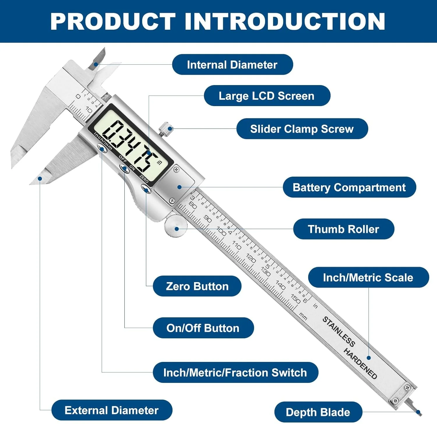 ابزار اندازه گیری کولیس دیجیتال KASTWAVE، کولیس ورنیه استیل ضد زنگ 6 اینچی، میکرومتر دیجیتال با صفحه نمایش LCD بزرگ، خاموش شدن خودکار، تغییر آسان از اینچ به میلی متر ابزار اندازه گیری کولیس دیجیتال KASTWAVE، کولیس ورنیه استیل ضد زنگ 6 اینچی، میکرومتر دیجیتال با صفحه نمایش LCD بزرگ، خاموش شدن خودکار، تغییر آسان از اینچ به میلی متر