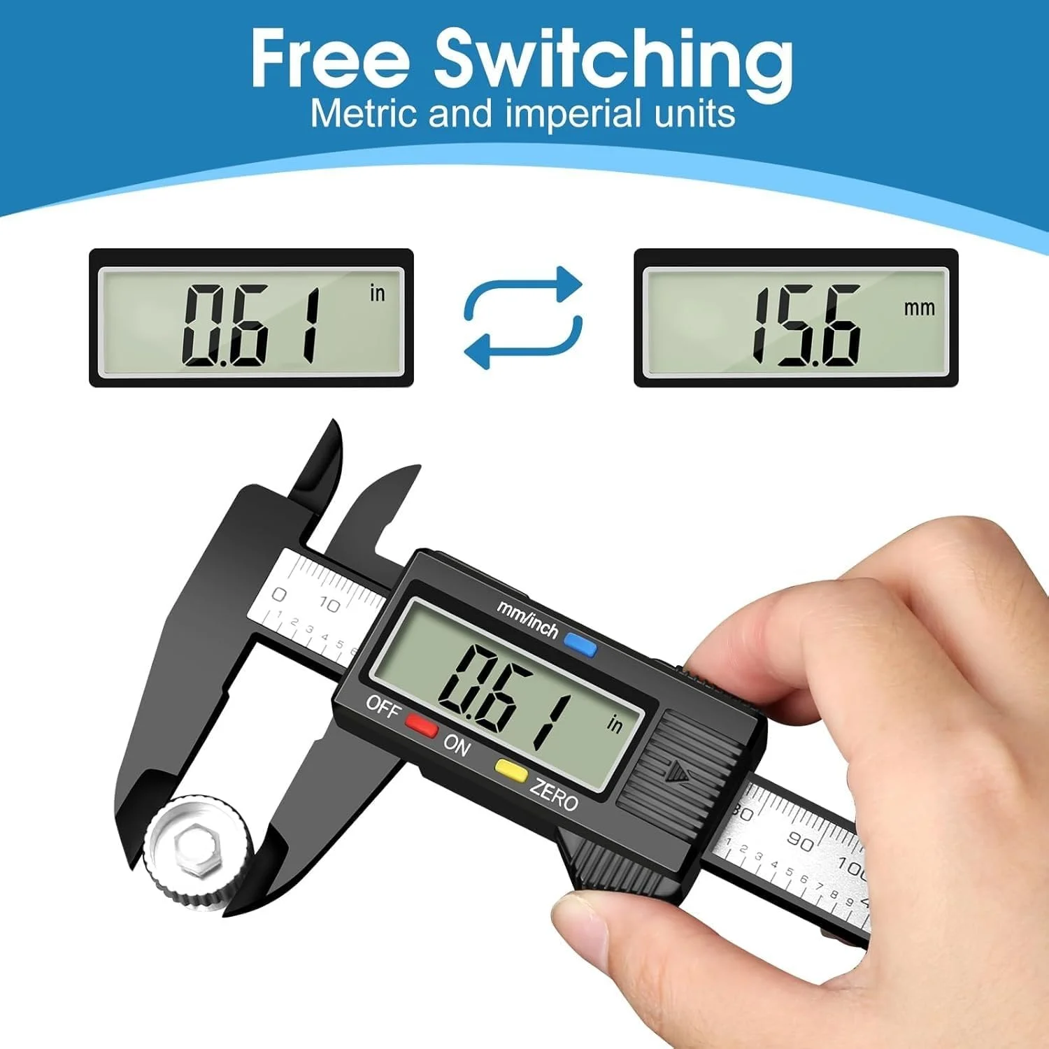 کولیس دیجیتال LIMOS 0-6 اینچ - کولیس ورنیه الکترونیکی با صفحه نمایش LCD بزرگ، تبدیل اینچ/میلی متر، قابلیت خاموش شدن خودکار - ابزار اندازه گیری دقیق برای DIY، جواهرات، نجاری و مهندسی