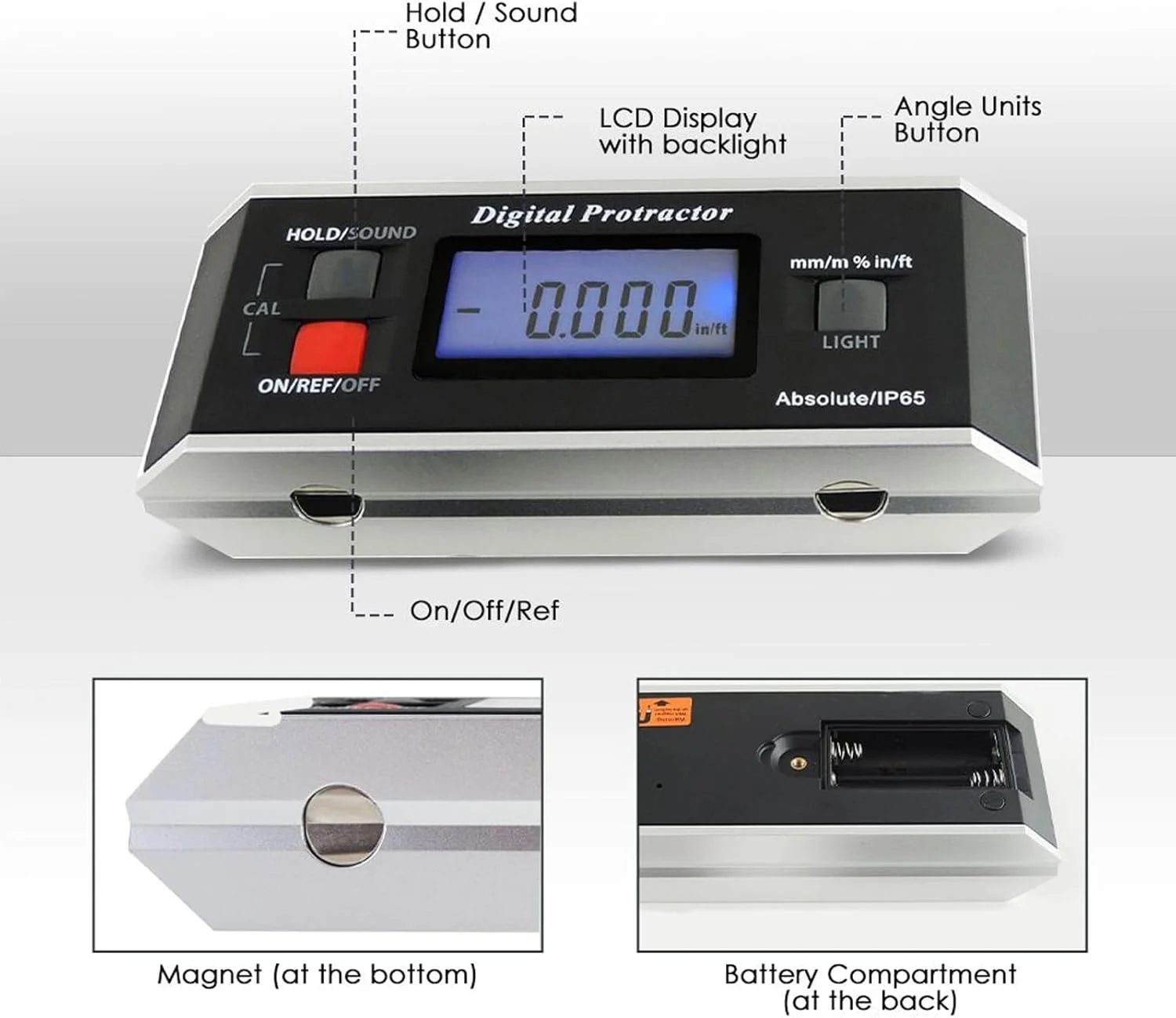 Digital Protractor Angle Finder Level Inclinometer Magnetic V-Groove 0~360 degree with Backlight