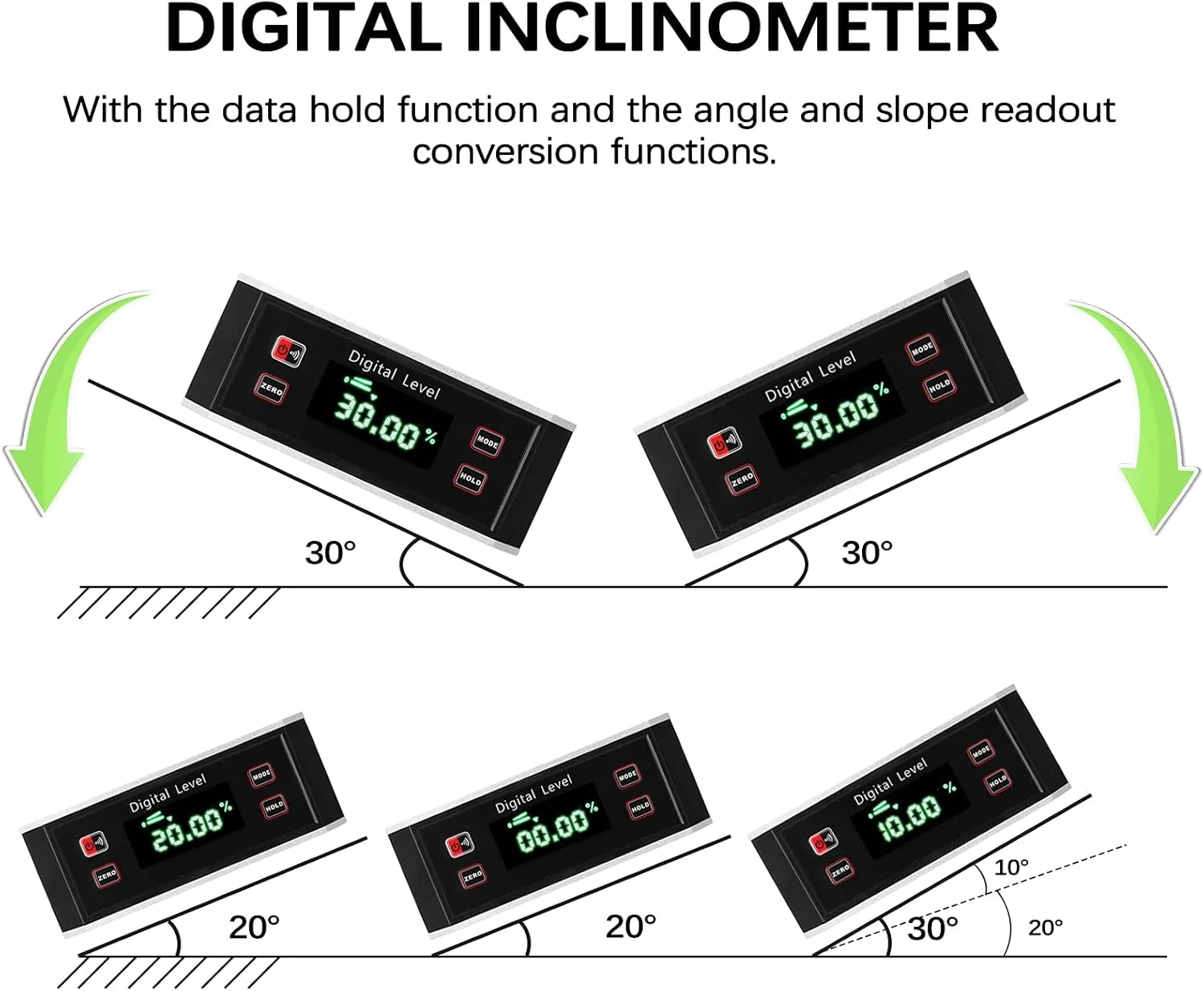 Eacam Portable 4 * 90° IP54 Waterproof Dustproof Level High Precisions Angle Finder Digital Protractor Inclinometer Digital Level LCD Display Data Hold Function Woodworking Utility Tool