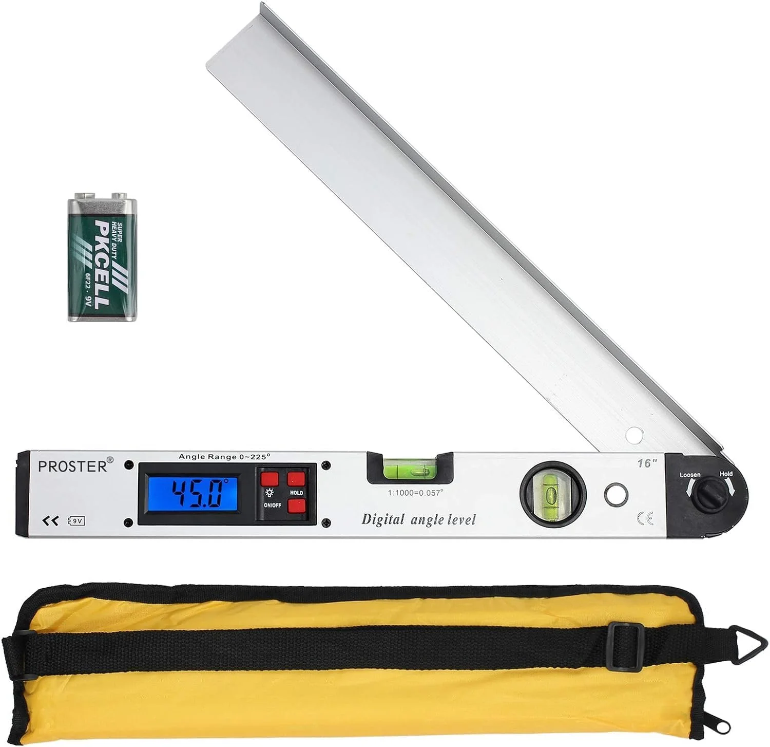 زاویه یاب دیجیتال آلومینیومی، نقاله 225 درجه 16 اینچی با LCD دارای نور پس زمینه، با تراز افقی و عمودی، ابزار اندازه گیری زاویه داخلی و خارجی، آشکارساز زاویه کار چوب