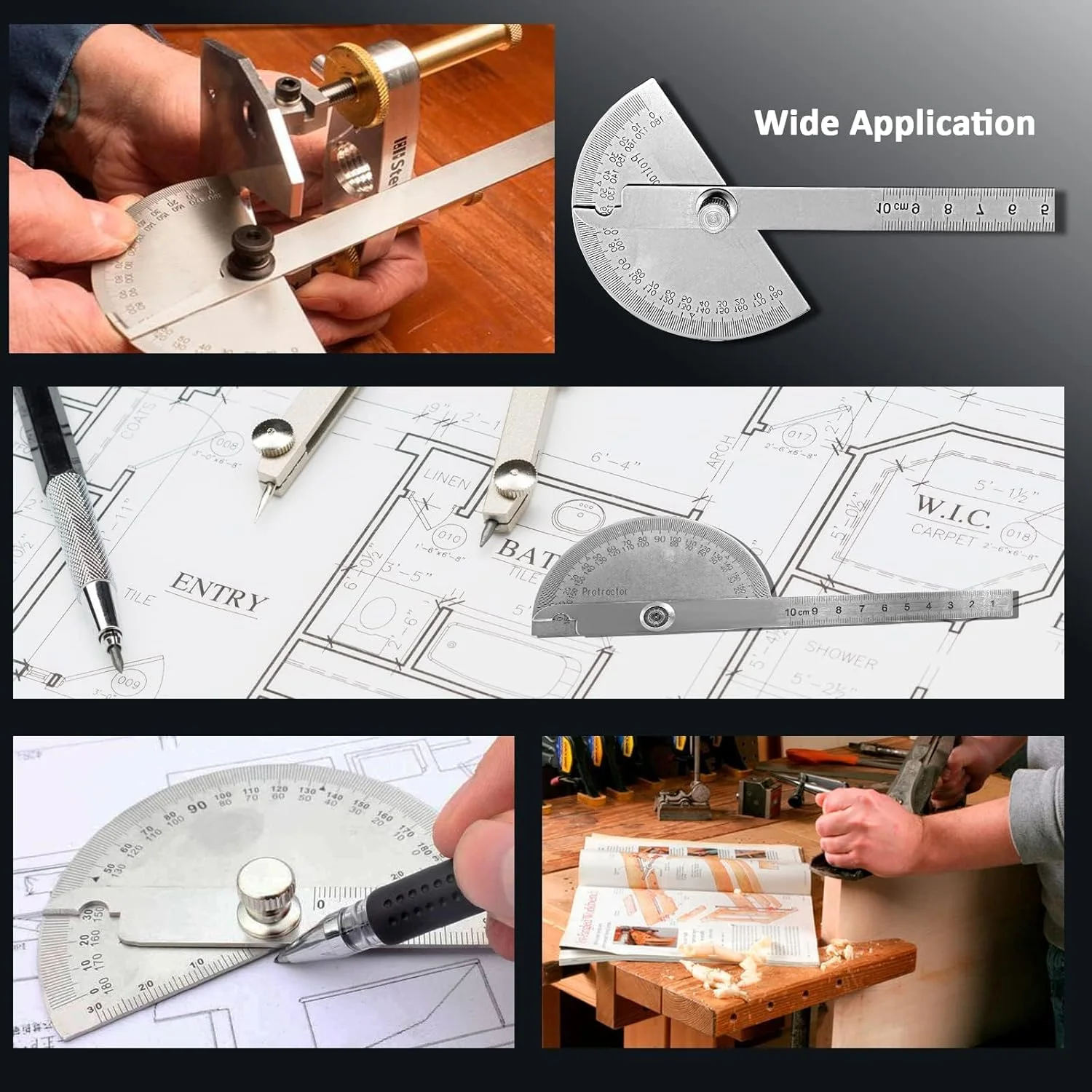 نقاله استیل ضد زنگ ELECDON، خط کش دو بازویی 180 درجه، نقاله زاویه قابل تنظیم، خط کش نجاری، ابزار اندازه گیری زاویه برای صنعتگران