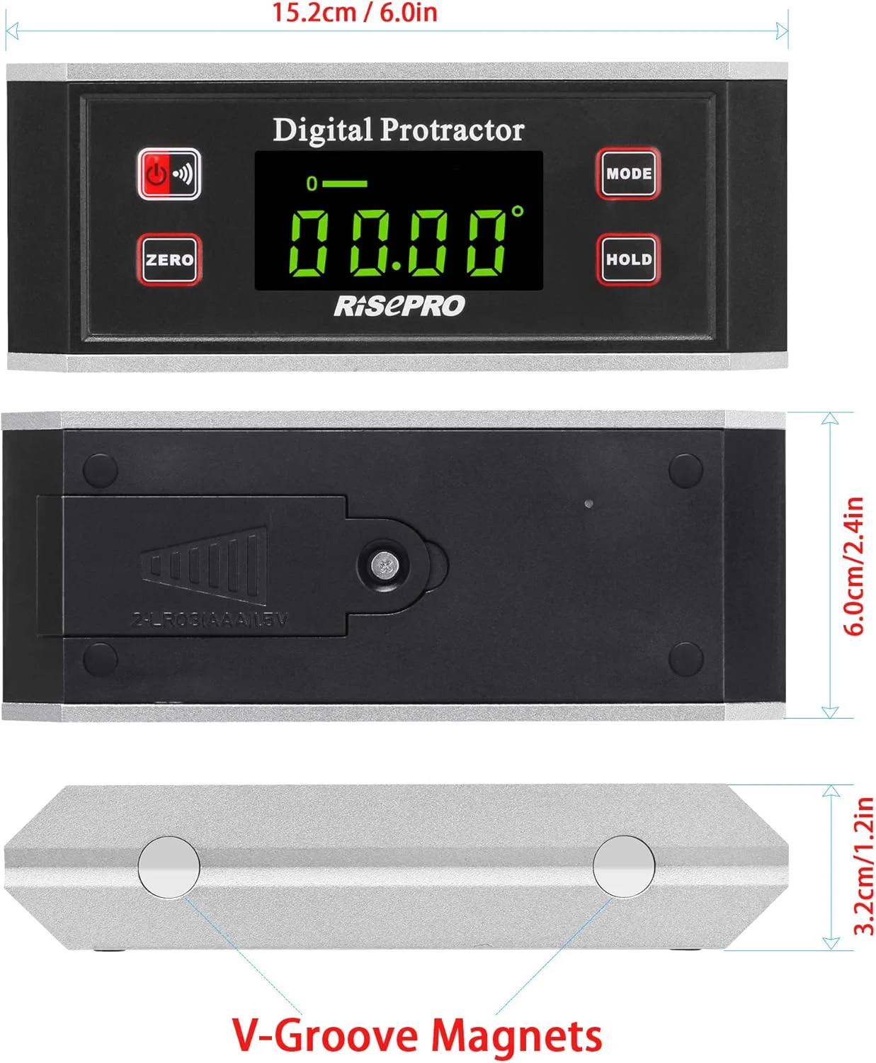RISEPRO Inclinometer, Digital Protractor Angle Finder Level Inclinometer Magnetic V-Groove 0~360 degree with Backlight 82413B