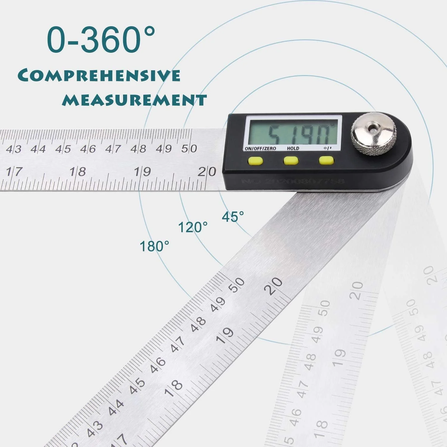 زاویه یاب دیجیتال دلگادا شاهه، گونیا و خط کش زاویه ای 20 اینچی استیل ضد زنگ با قابلیت صفر کردن و قفل کردن
