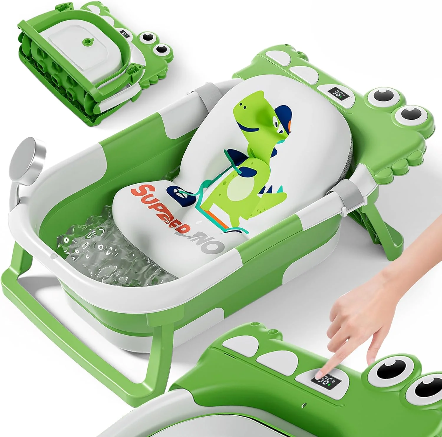 وان حمام تاشو کودک با بالش حمام ضد لغزش - وان حمام کودک برای نوزاد تازه متولد شده - وان حمام کودک با دماسنج برای کنترل دمای آب - وان حمام کودک از بدو تولد تا 3 سالگی - حمام کودک - تاشو