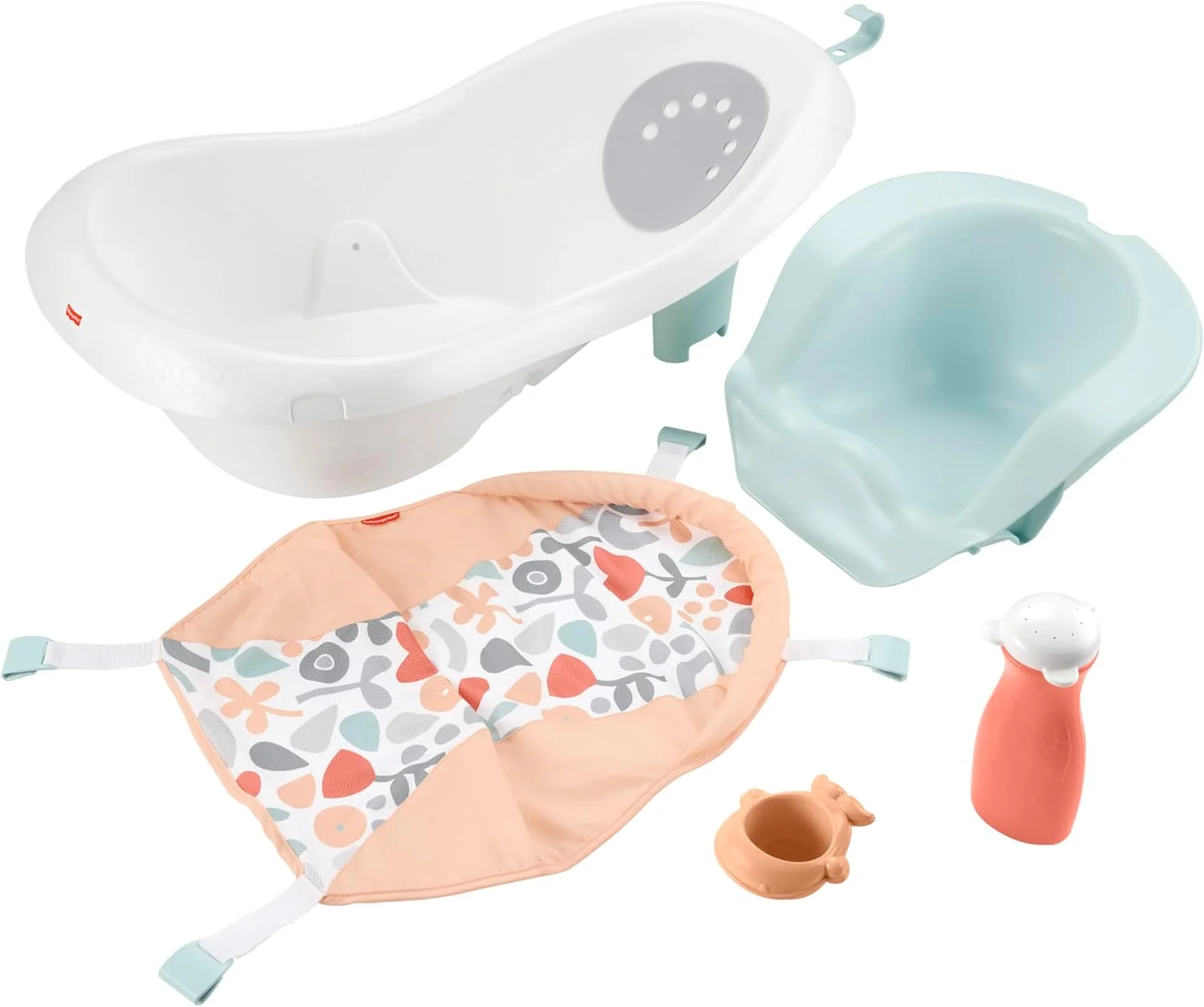 وان حمام کودک فیشر پرایس مدل Sling 'N Seat 4 در 1 با پشتیبانی نوزاد قابل جابجایی و 2 اسباب بازی، شکوفه های تابستانی