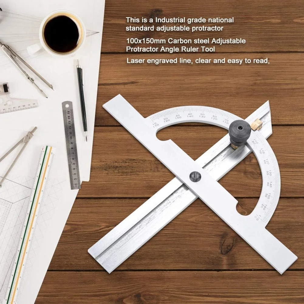 گونیا زاویه ای NUPONO، 100x150 میلی متر، نقاله قابل تنظیم فولاد کربنی، ابزار اندازه گیری و سنجش