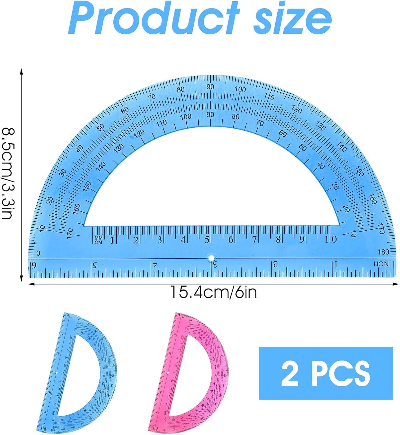 2 بسته نقاله پلاستیکی 6 اینچی، نقاله ریاضی 180 درجه اندازه گیری زاویه، مجموعه نقاله کلاس درس برای هندسه، لوازم اداری مدرسه دانش آموز (صورتی، آبی)