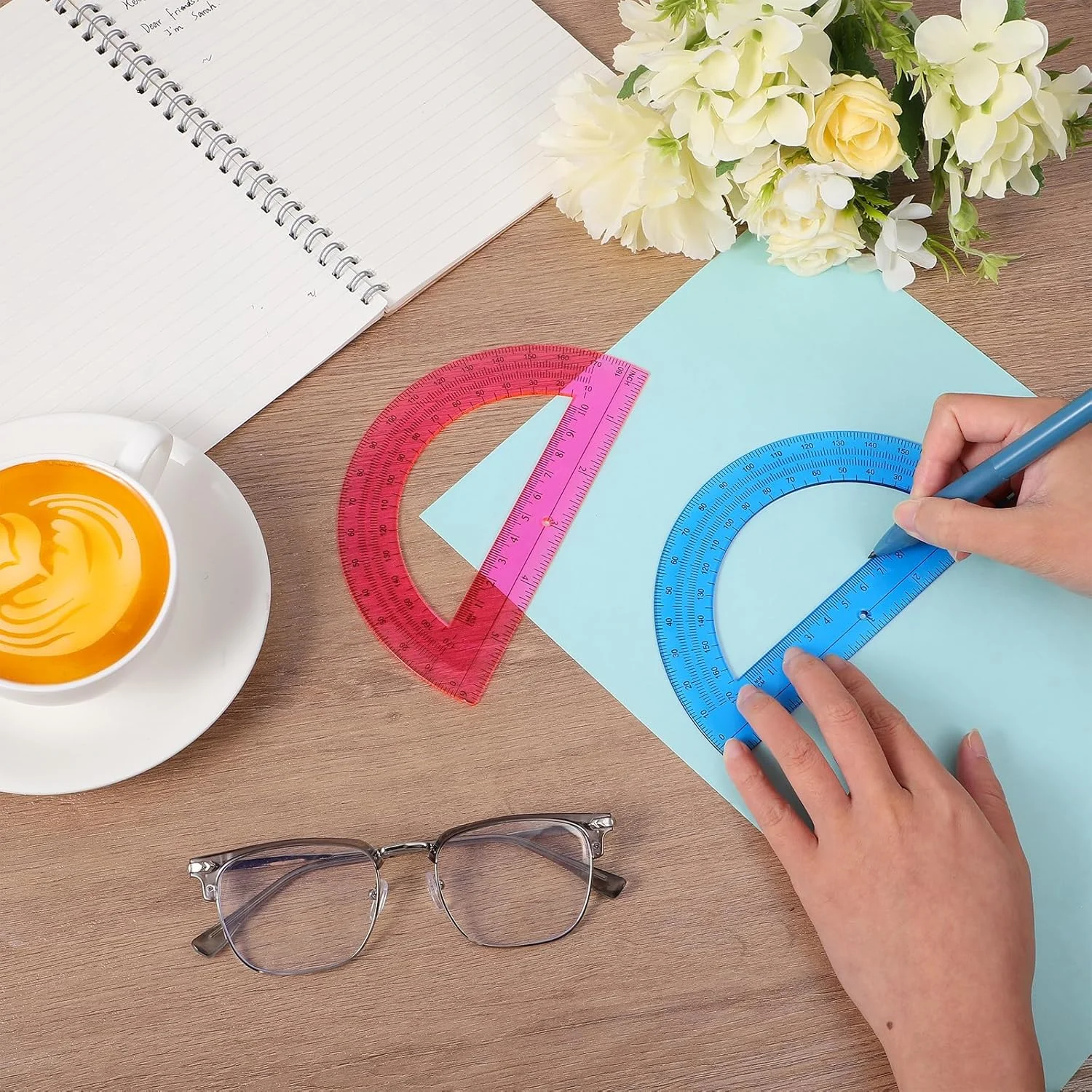 2 بسته نقاله پلاستیکی 6 اینچی، نقاله ریاضی 180 درجه اندازه گیری زاویه، مجموعه نقاله کلاس درس برای هندسه، لوازم اداری مدرسه دانش آموز (صورتی، آبی)