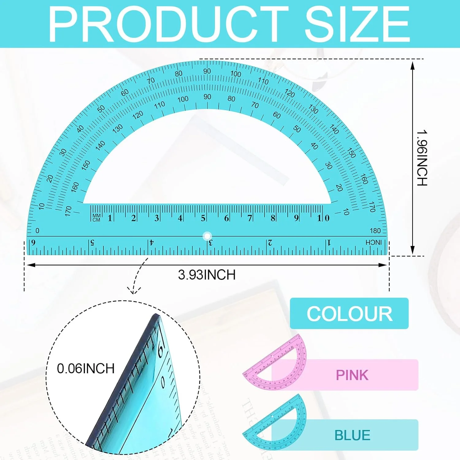 ست 12 عددی نقاله Ctosree - پلاستیکی شفاف 180 درجه 6 اینچی، مناسب برای هندسه، اندازه گیری زاویه، لوازم التحریر اداری، صورتی و آبی