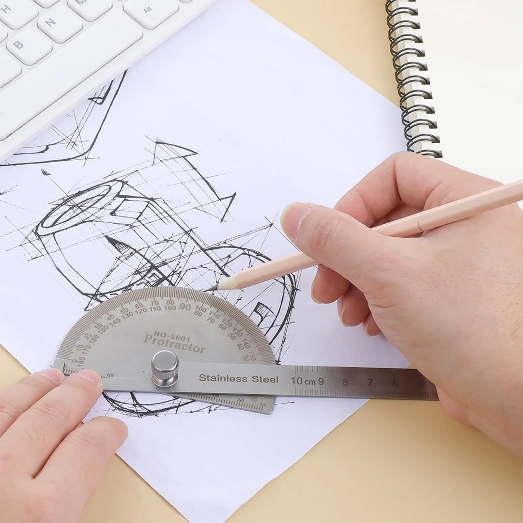 نقاله زاویه یاب استیل ضد زنگ، نقاله میتر، زاویه یاب 0-180 درجه، خط کش نجاری 10 سانتی متر/6 اینچ، ابزار اندازه گیری زاویه، نقاله فلزی، خط کش ماشین ساز برای اندازه گیری نقشه