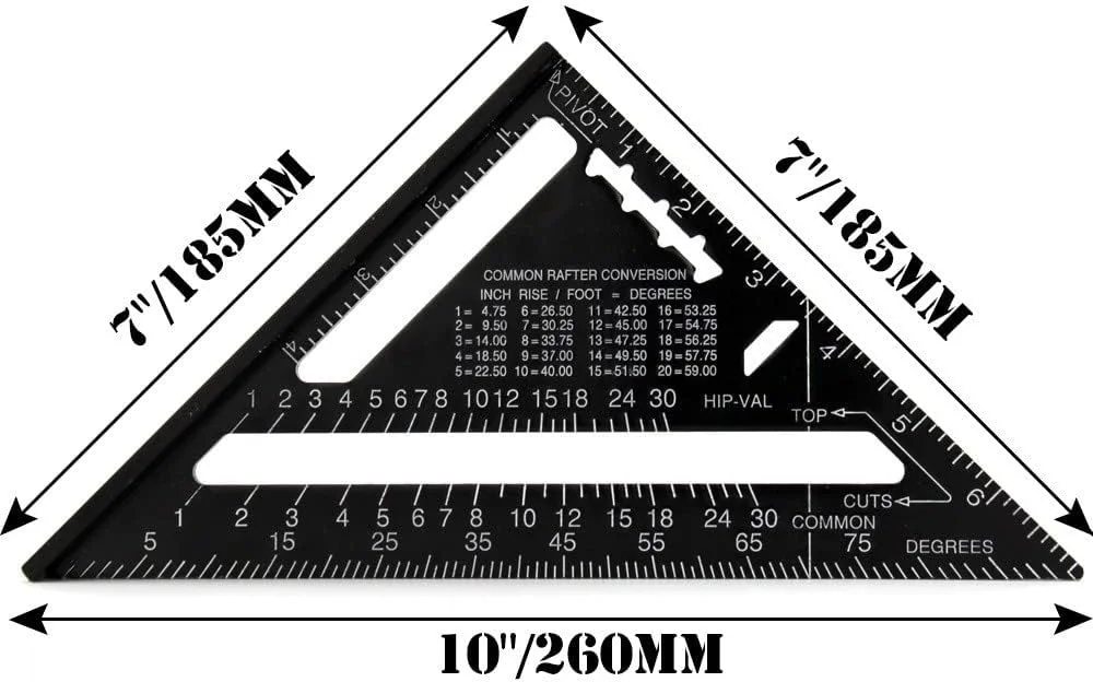 گونیا زاویه یاب مثلثی - 7 اینچ آلیاژ آلومینیوم مشکی اکسیداسیون راهنمای طرح بندی گونیا زاویه یاب مثلثی سقف (سیستم متریک)